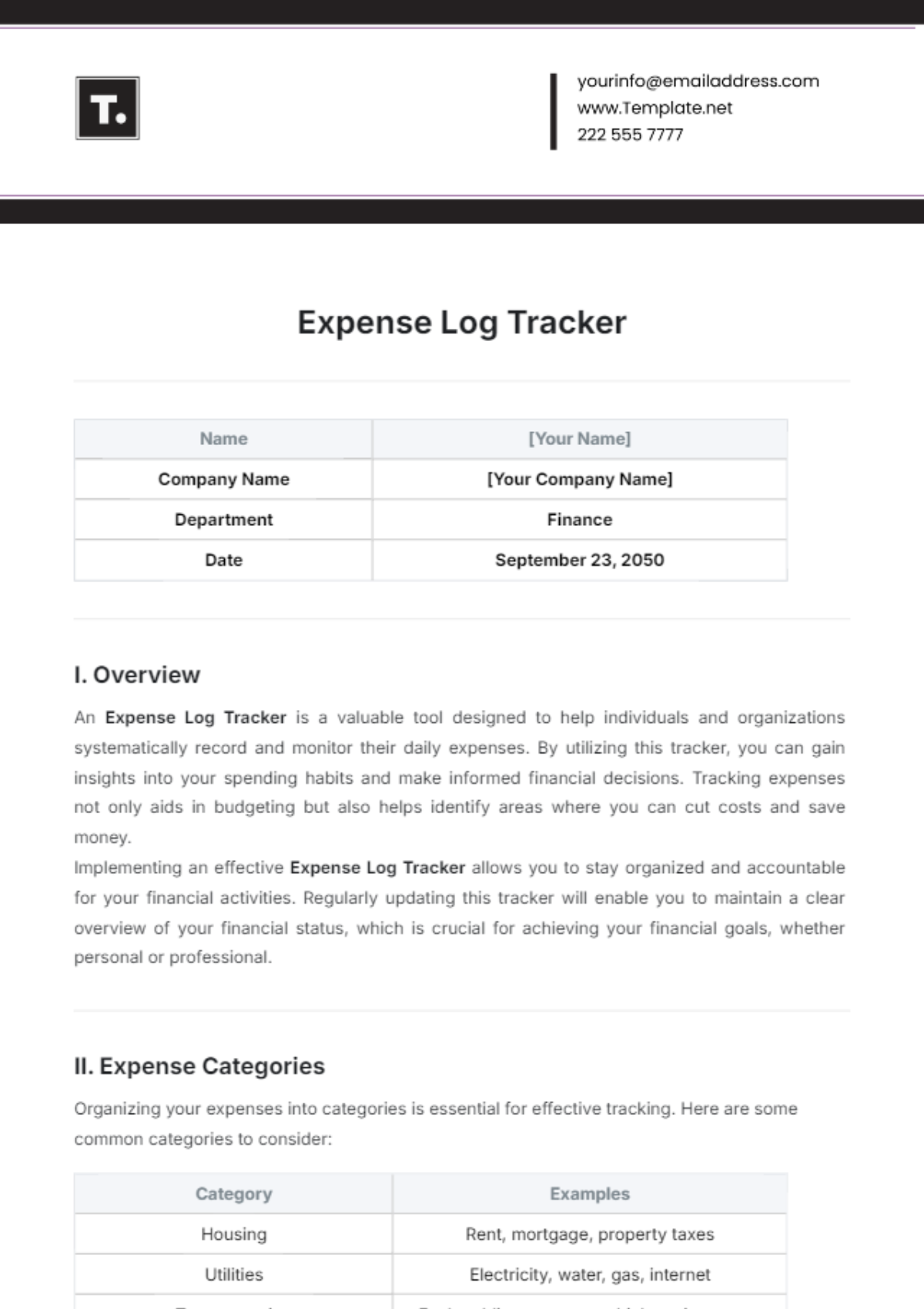 Expense Log Tracker Template