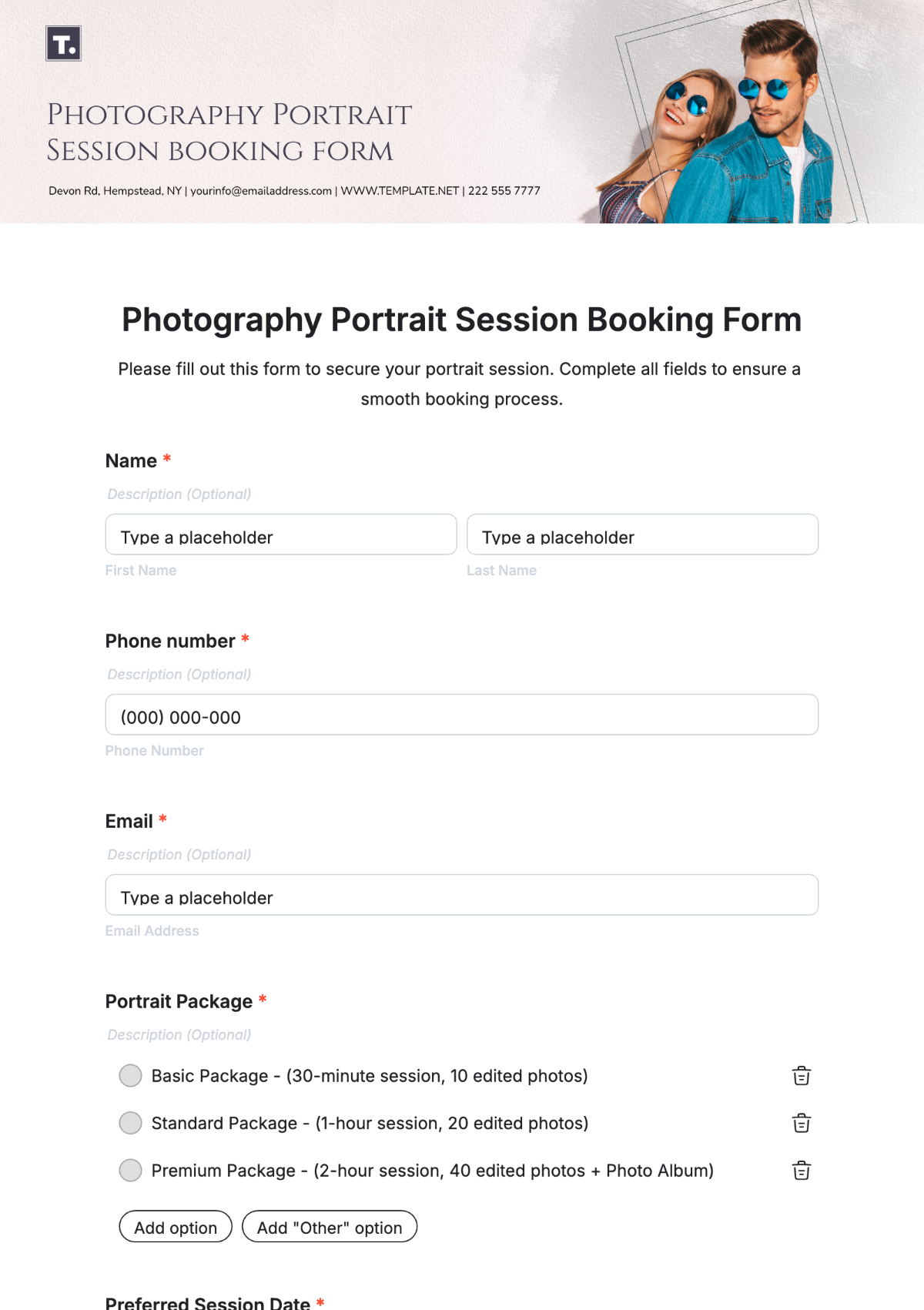 Photography Portrait Session Booking Form Template - Edit Online & Download