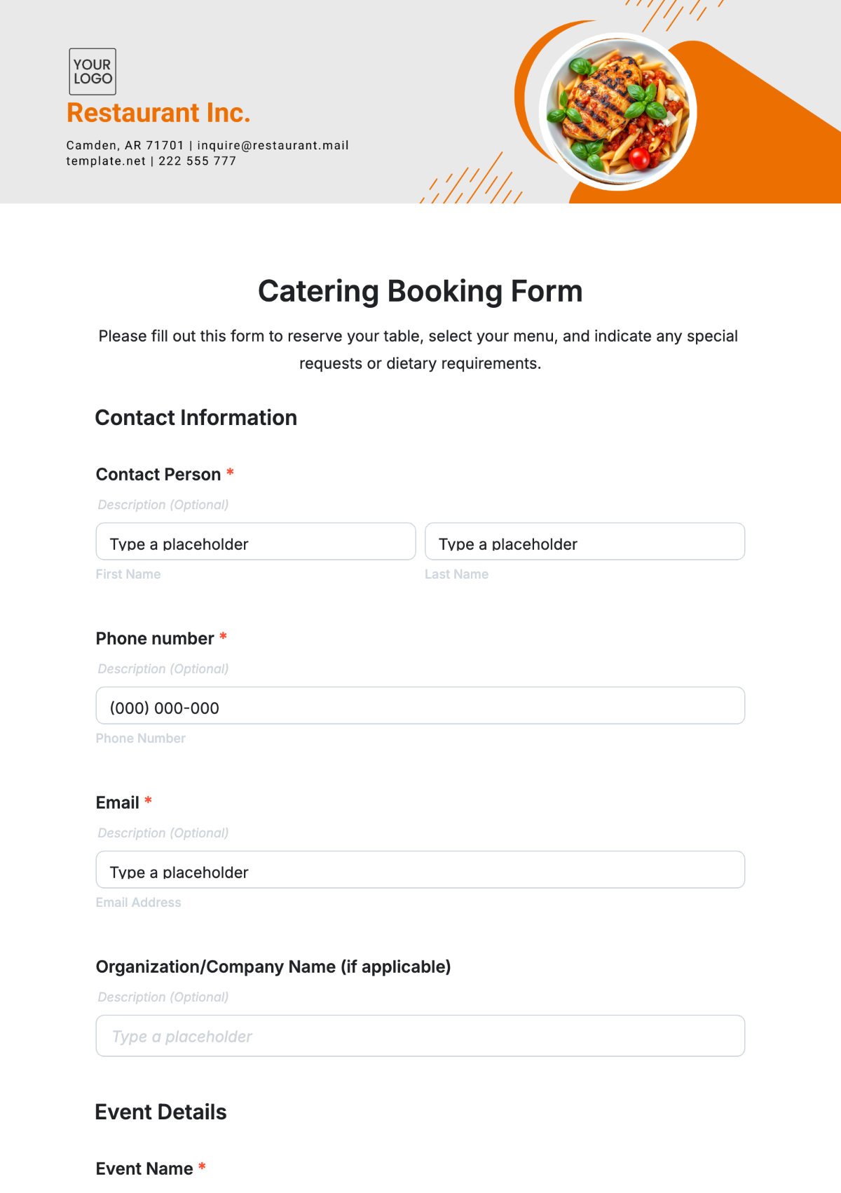 Catering Booking Form Template - Edit Online & Download