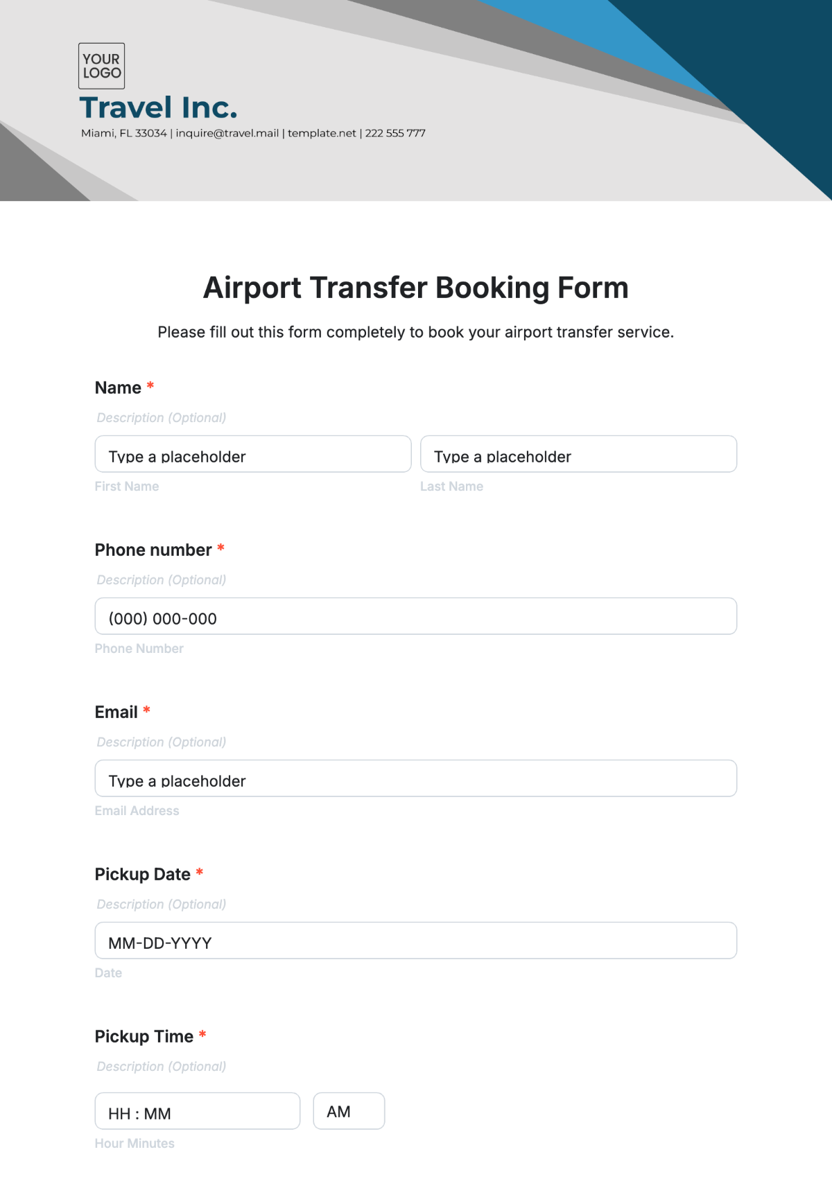 Airport Transfer Booking Form Template - Edit Online & Download