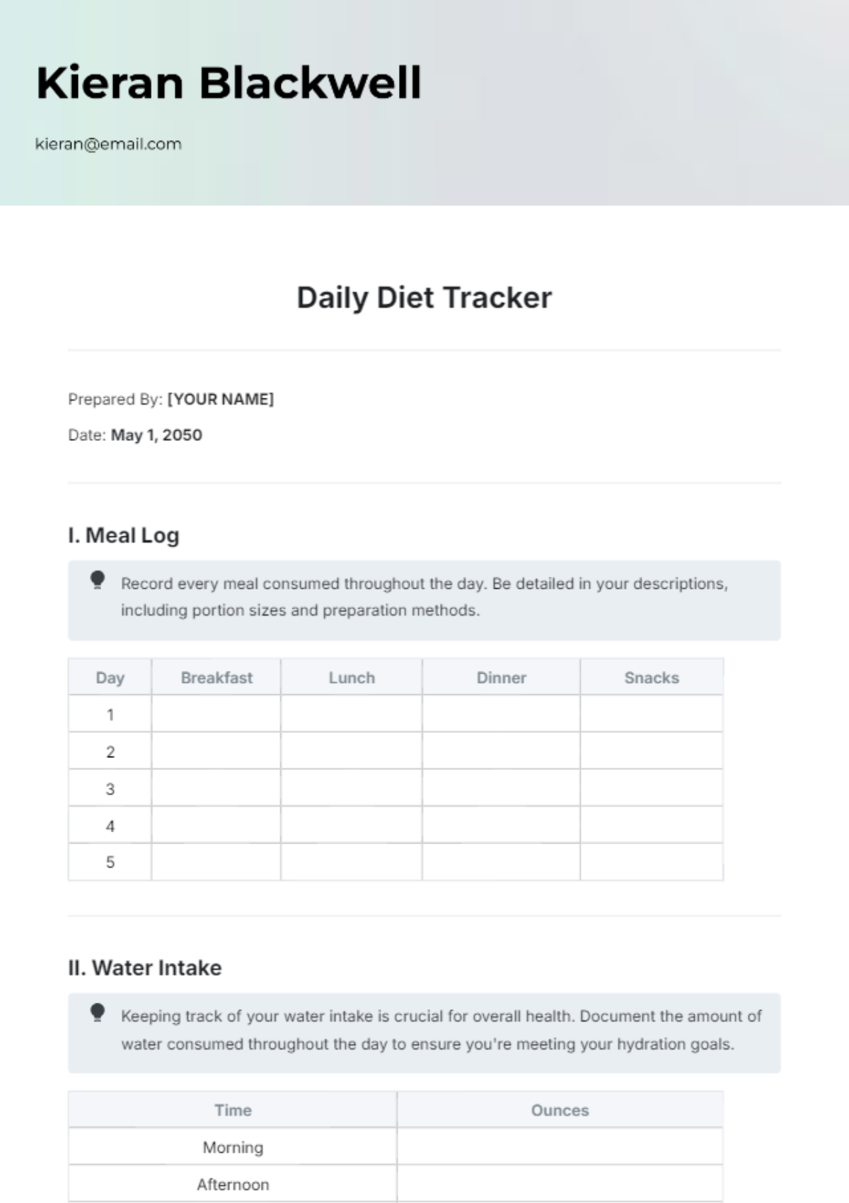 Daily Diet Tracker Outline Template - Edit Online & Download