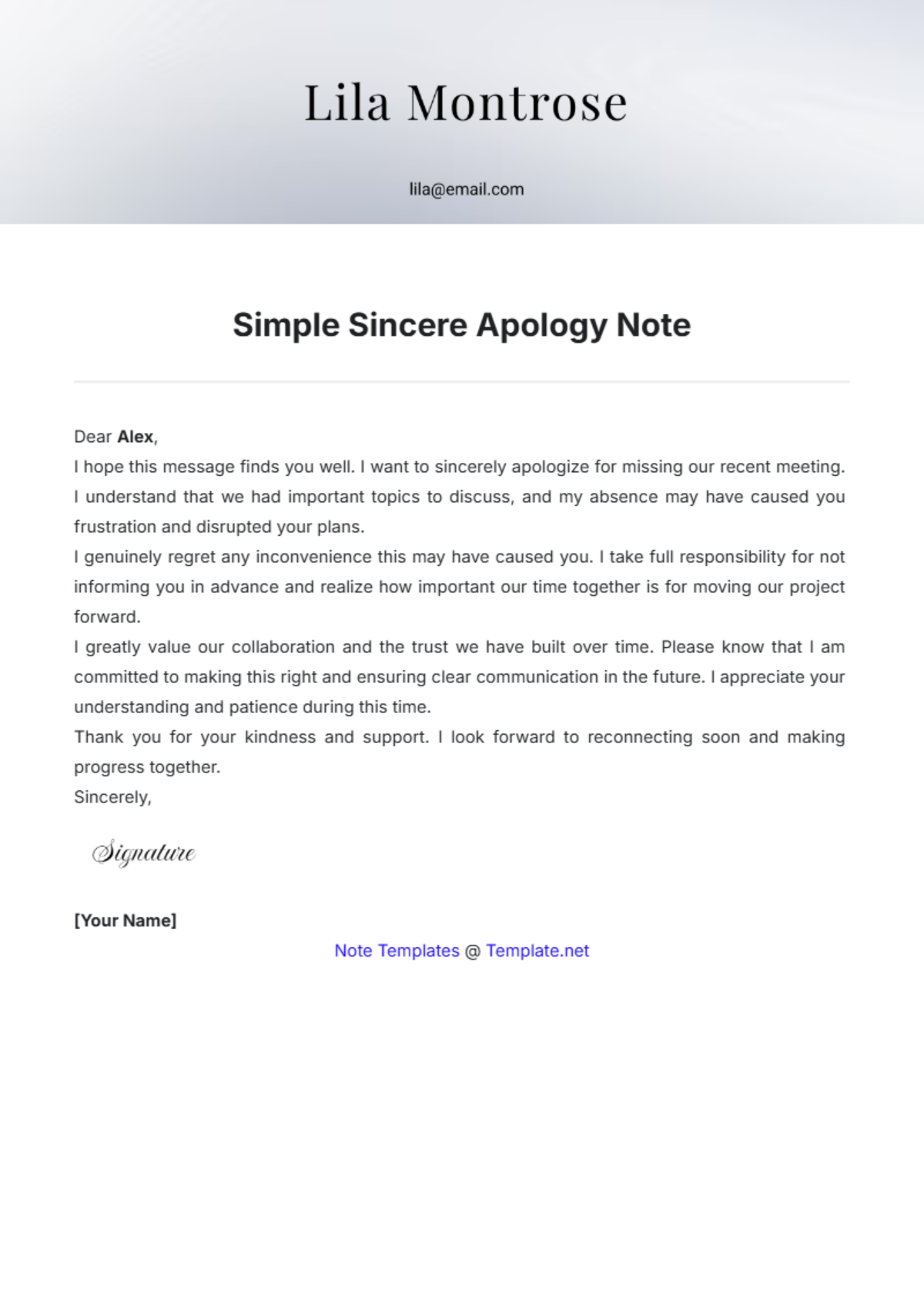 Simple Sincere Apology Note Template - Edit Online & Download