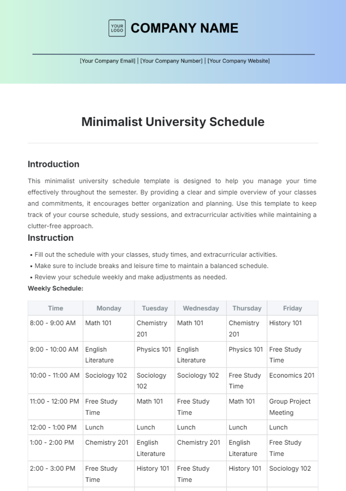 Minimalist University Schedule Template - Edit Online & Download