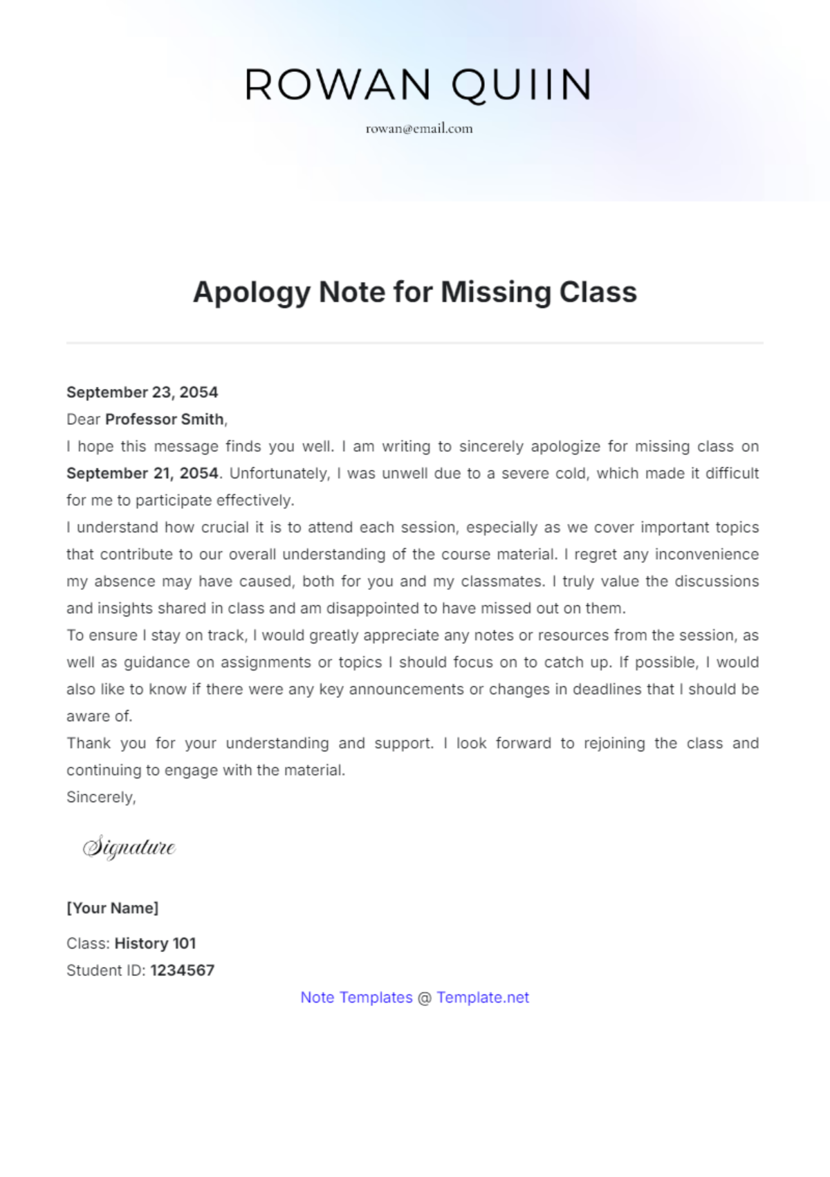 Apology Note for Missing Class Template - Edit Online & Download