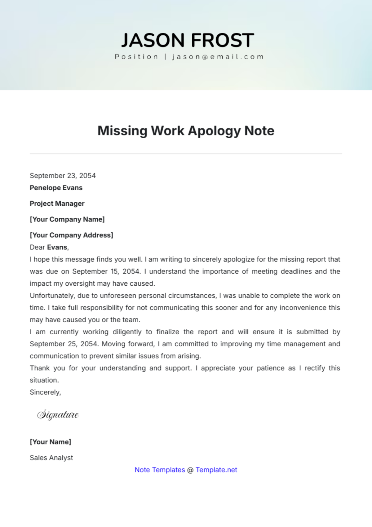 Missing Work Apology Note Template - Edit Online & Download