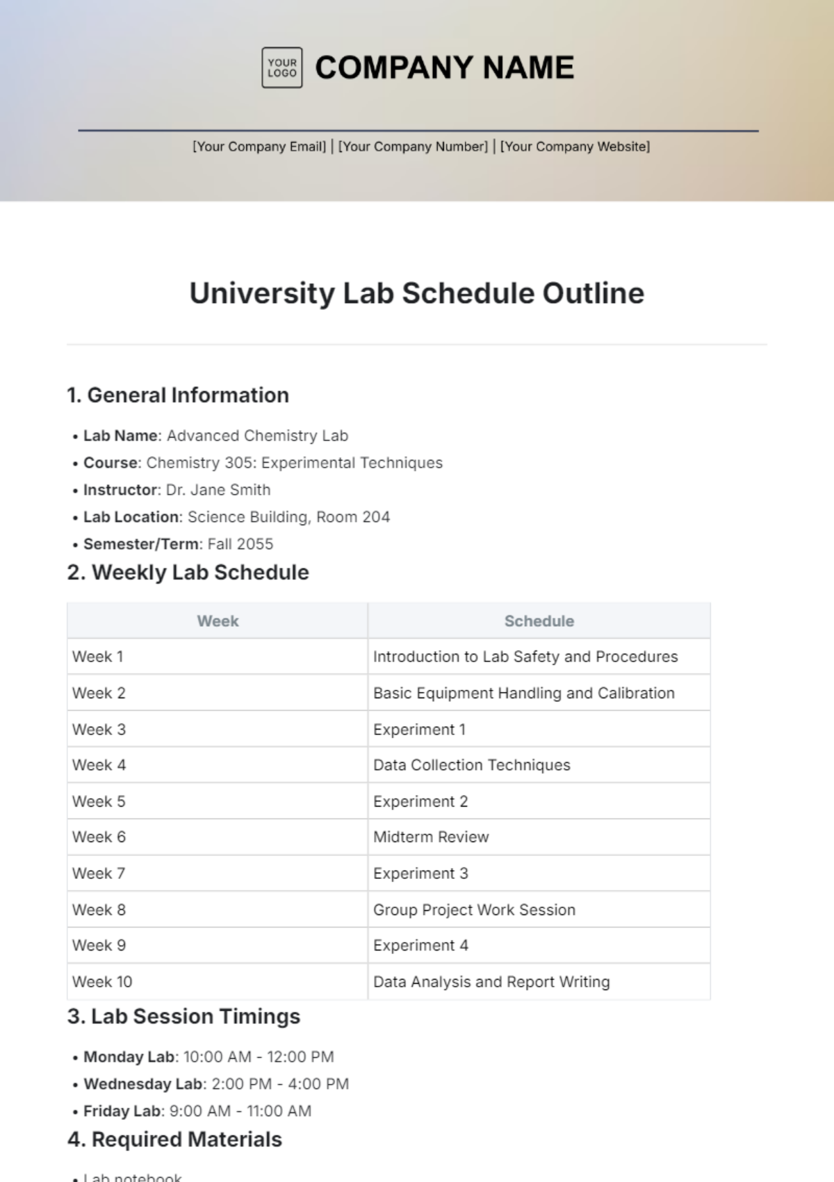 University Lab Schedule Outline Template - Edit Online & Download