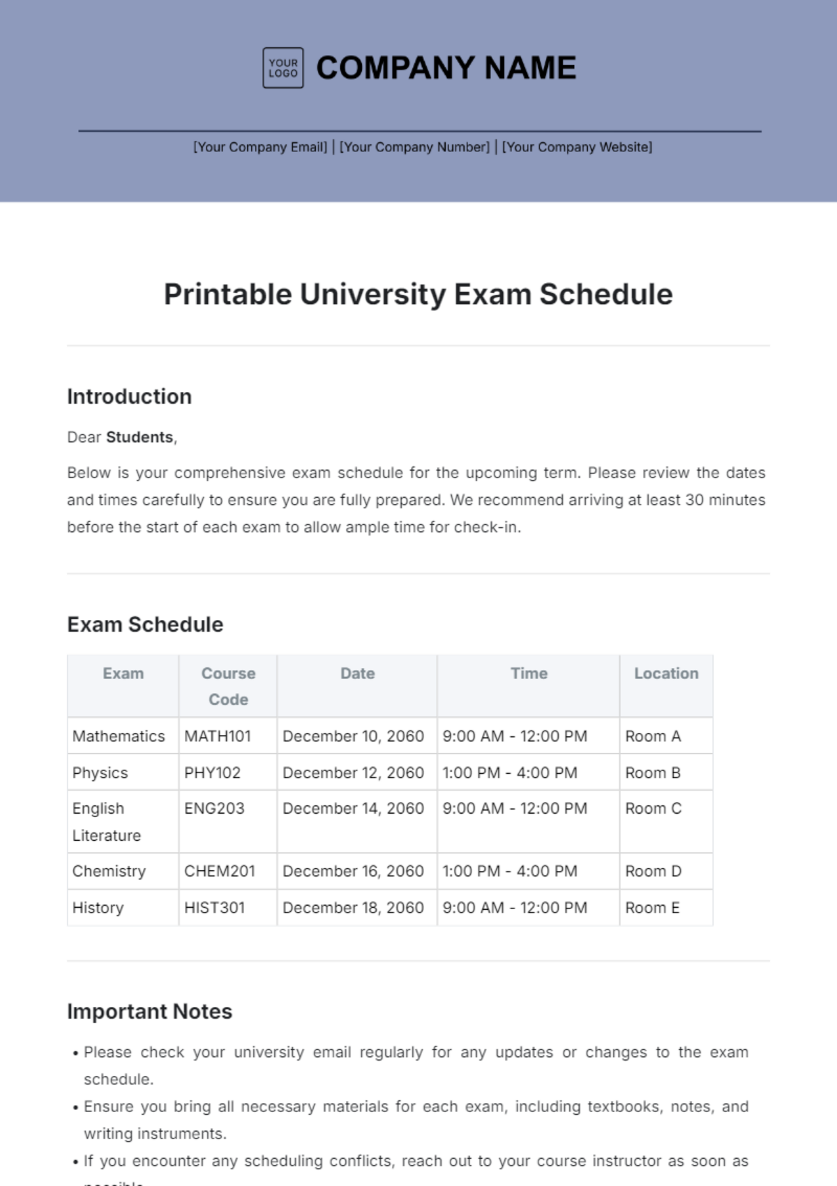 Printable University Exam Schedule Template - Edit Online & Download