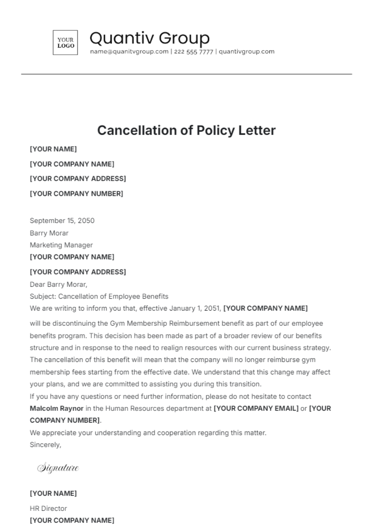 Free Cancellation of Policy Letter Template to Edit Online