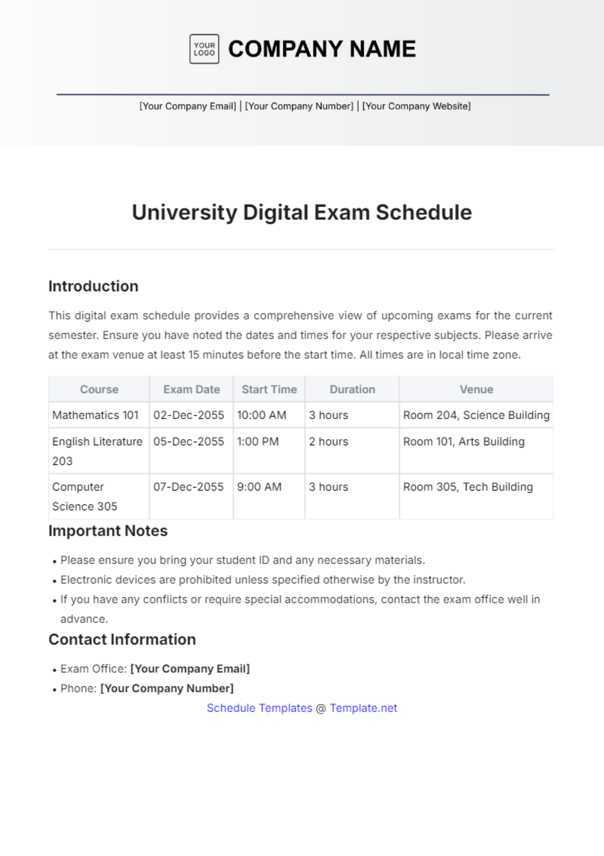 Digital Exam Schedule for University Template - Edit Online & Download