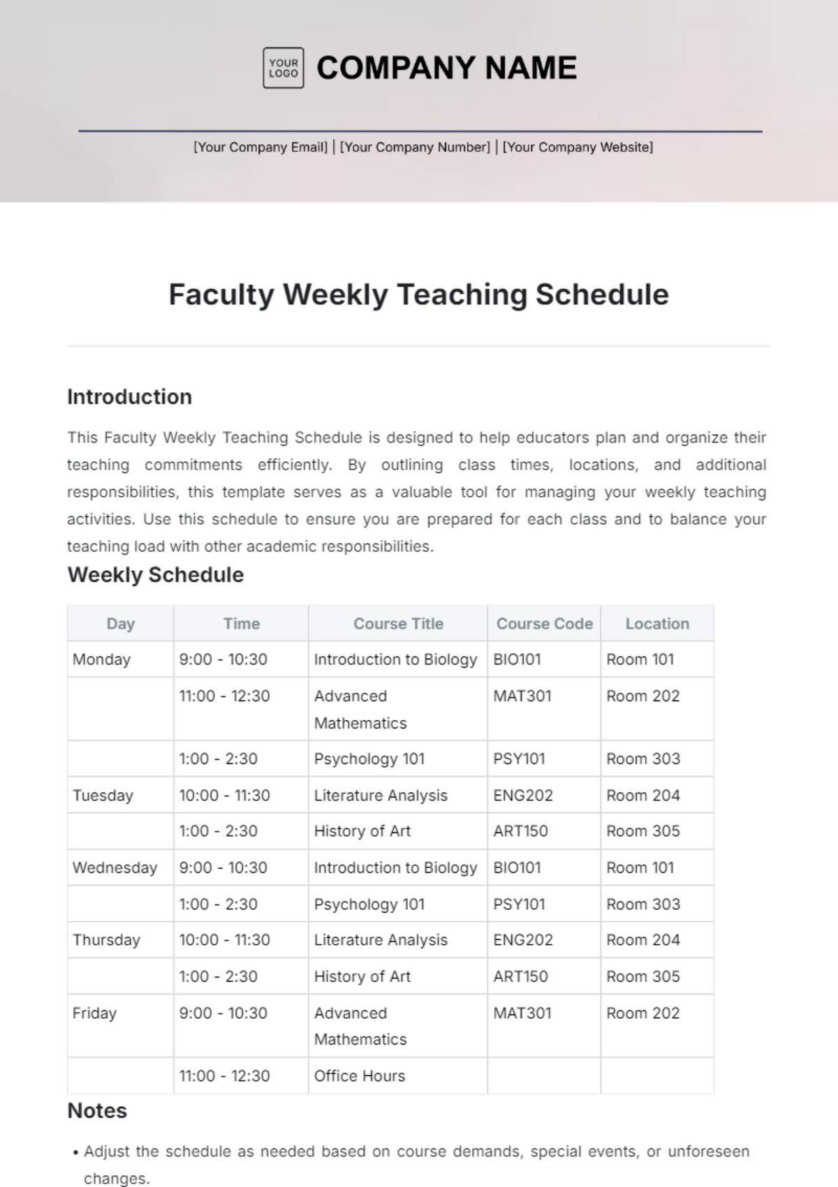 Faculty Weekly Teaching Schedule Template - Edit Online & Download