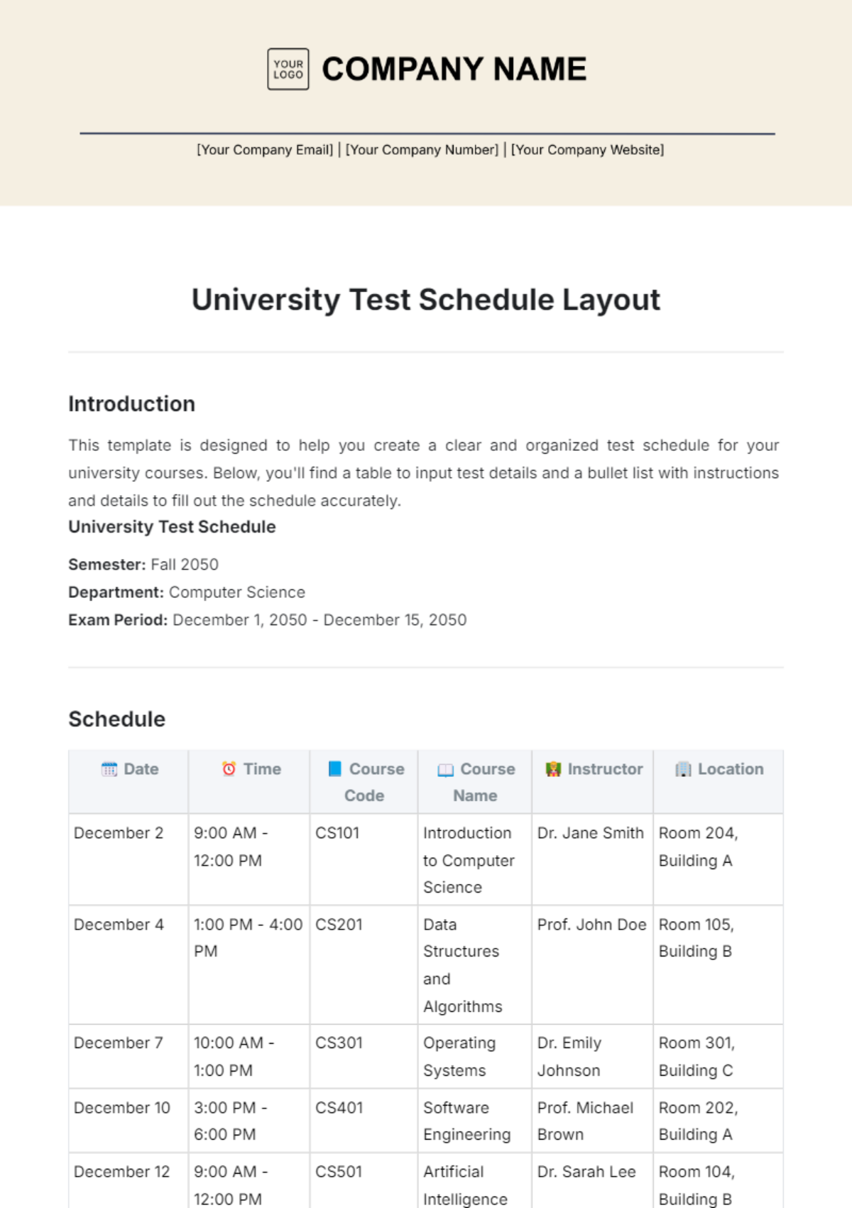 University Test Schedule Layout Template - Edit Online & Download