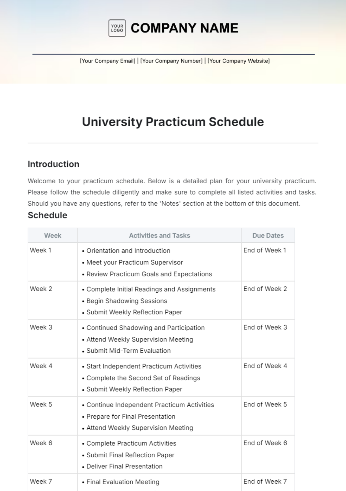 University Practicum Schedule Template - Edit Online & Download