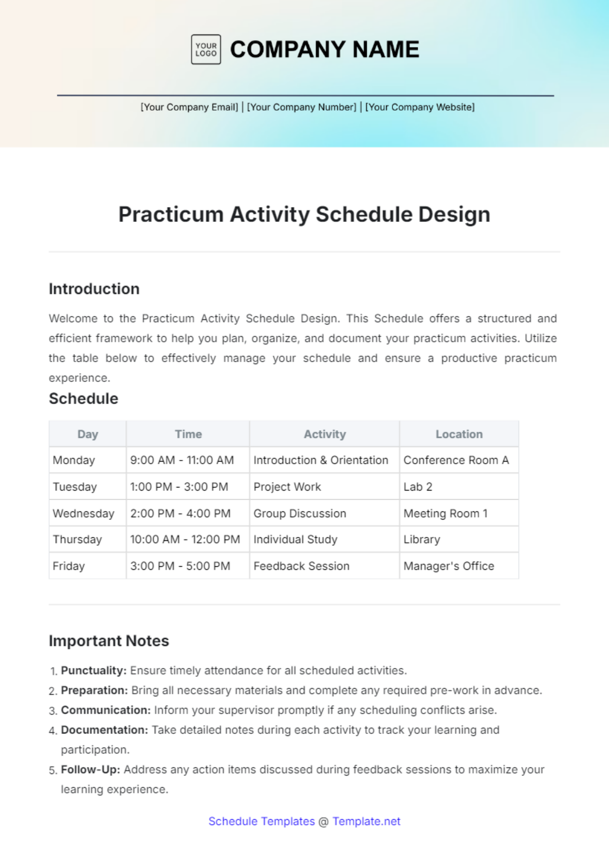 Practicum Activity Schedule Design Template - Edit Online & Download