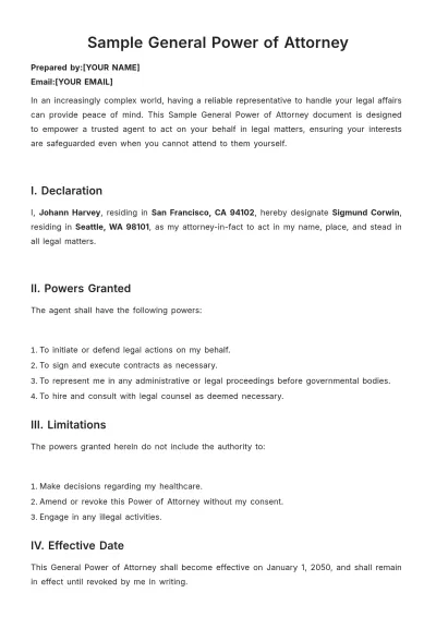 Free Sample General Power of Attorney Template to Edit Online