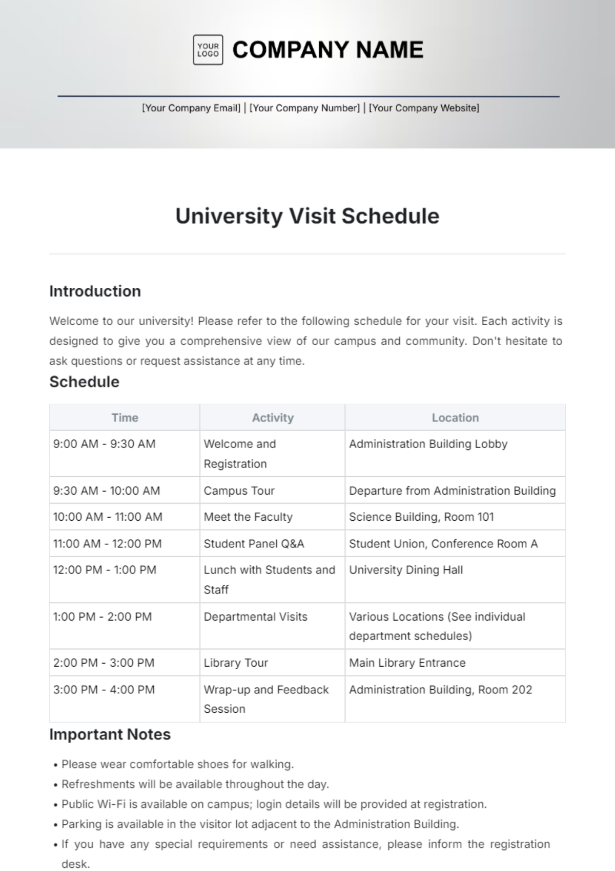 University Visit Schedule Template - Edit Online & Download