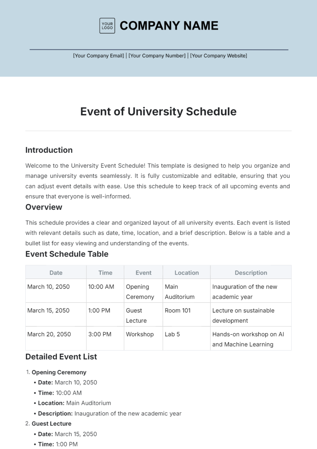 Event of University Schedule Template - Edit Online & Download