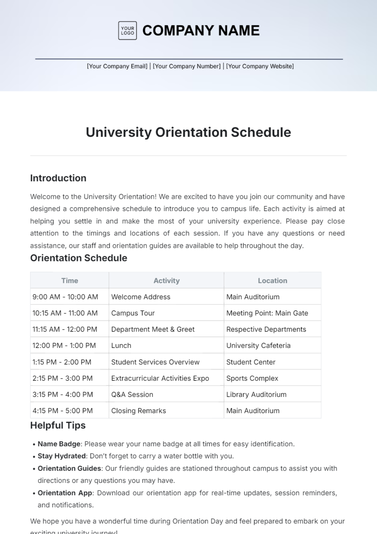 University Orientation Schedule Template - Edit Online & Download