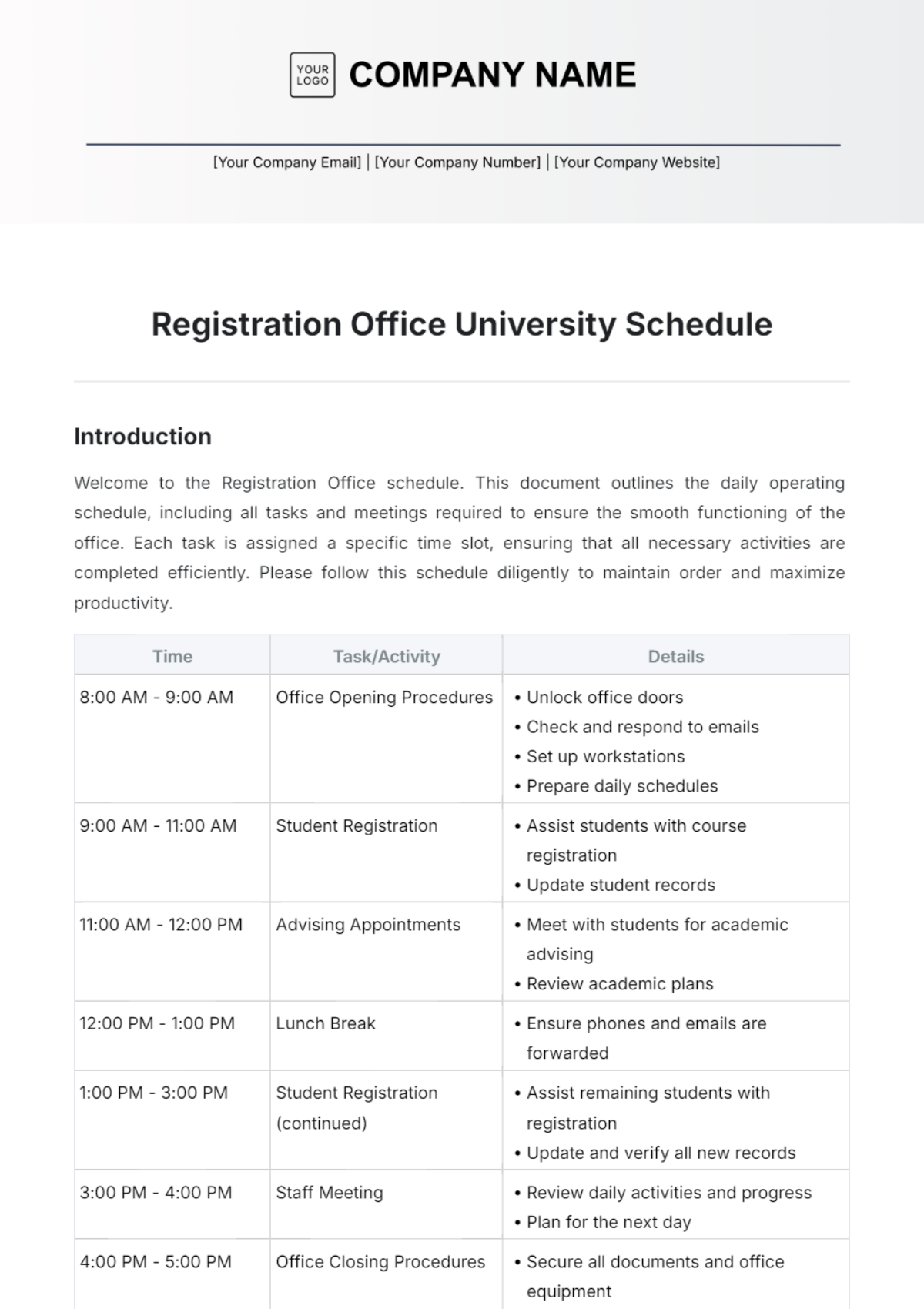 Registration Office University Schedule Template - Edit Online & Download