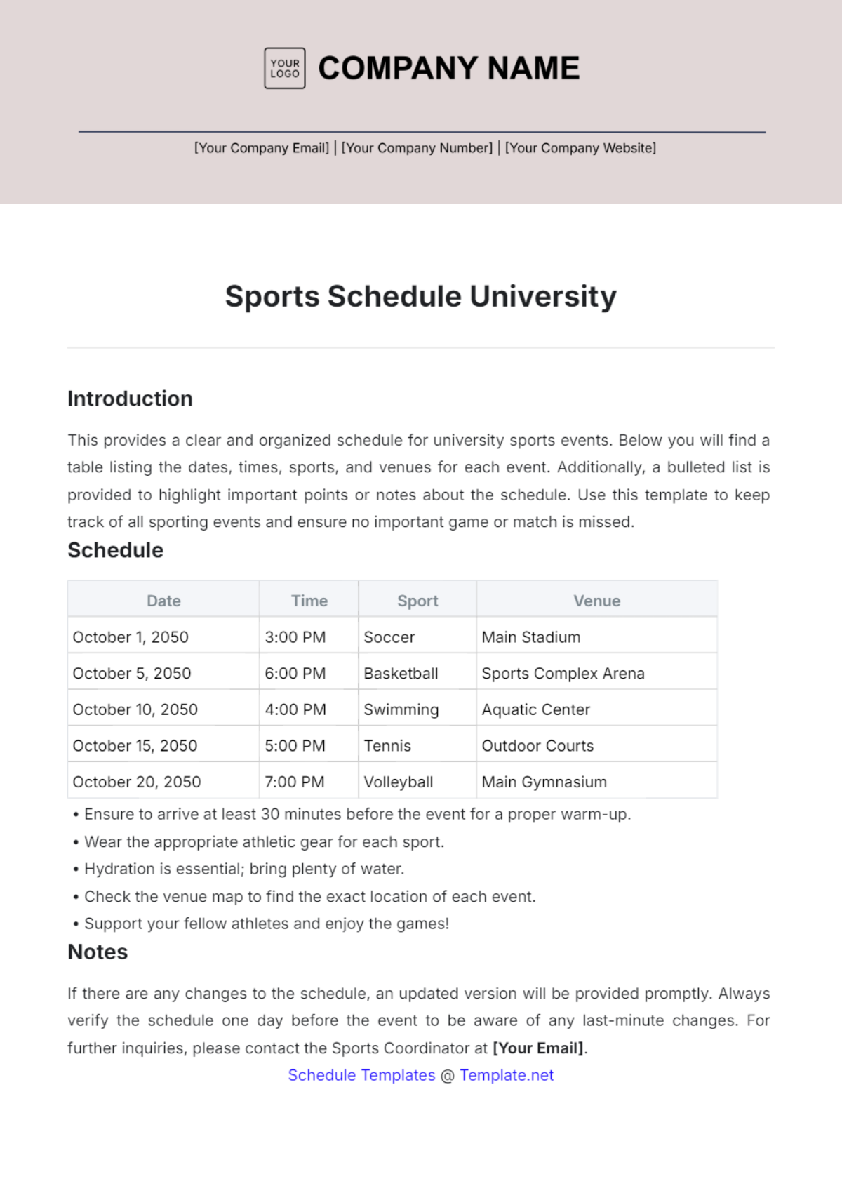 Sports Schedule University Template - Edit Online & Download