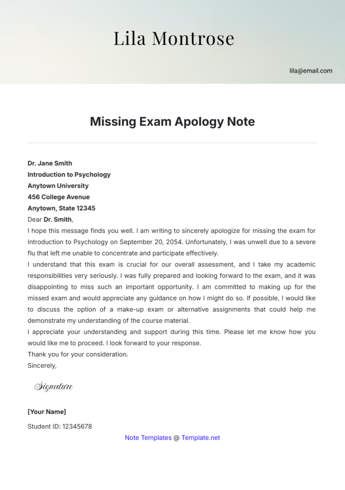 Missing Exam Apology Note Template - Edit Online & Download