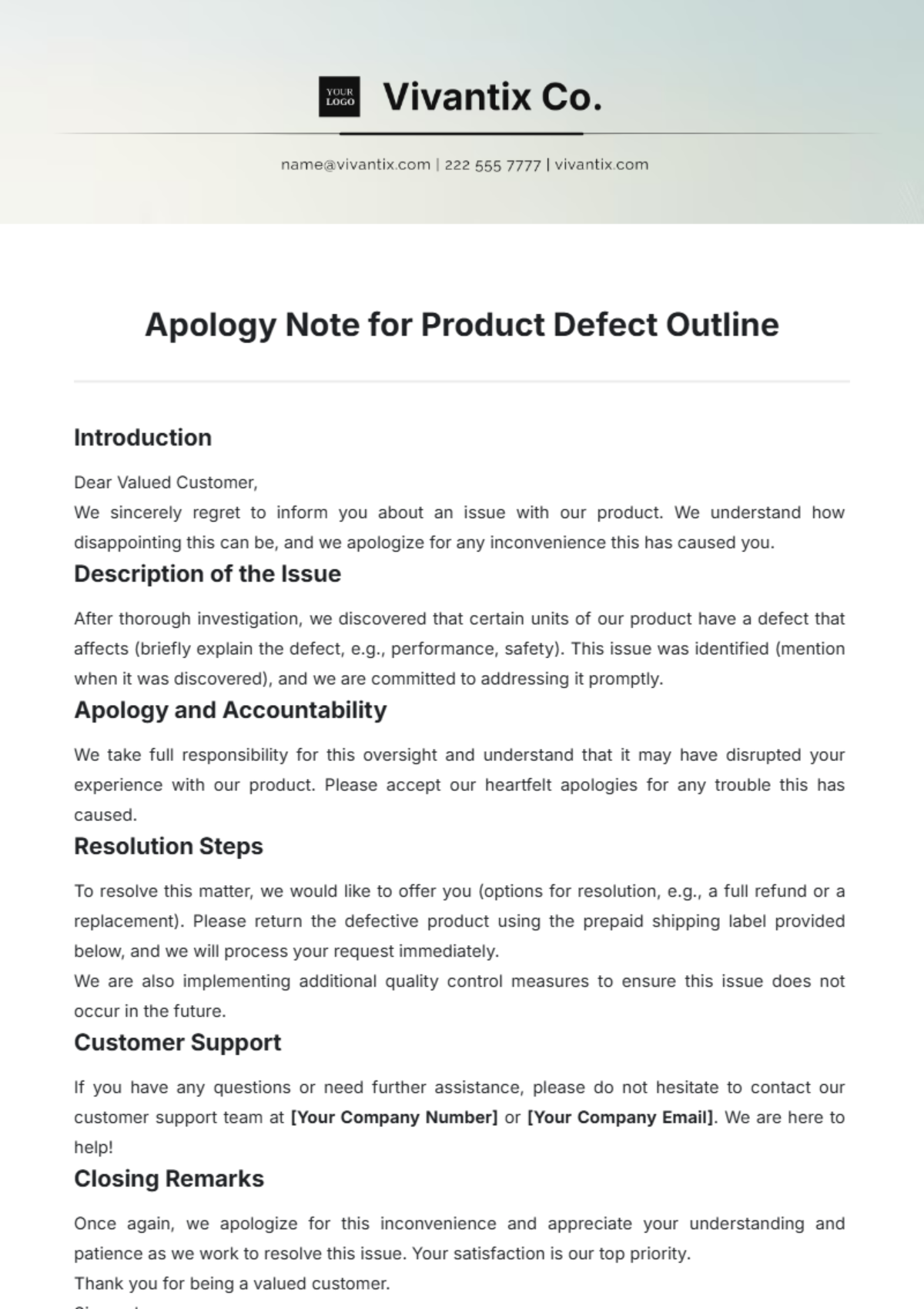 Apology Note for Product Defect Outline Template - Edit Online & Download