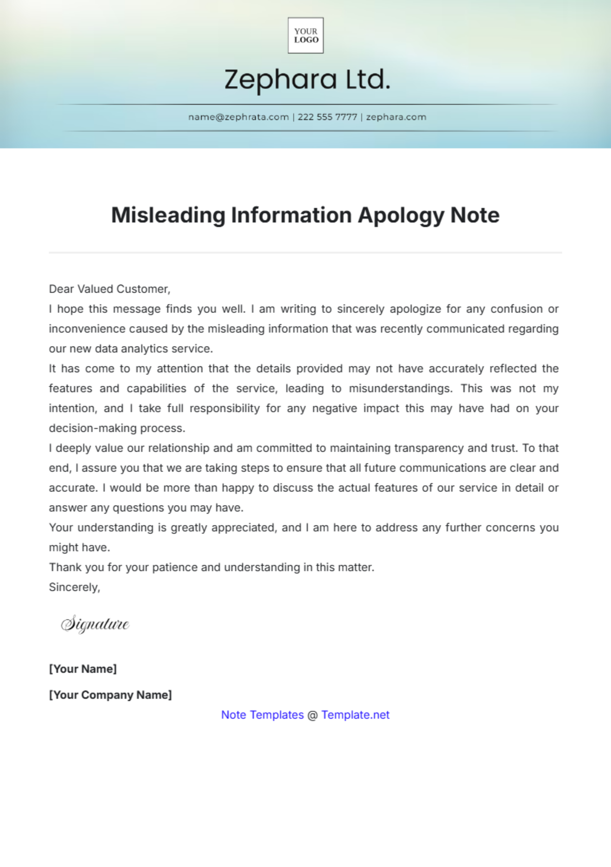 Misleading Information Apology Note Template - Edit Online & Download