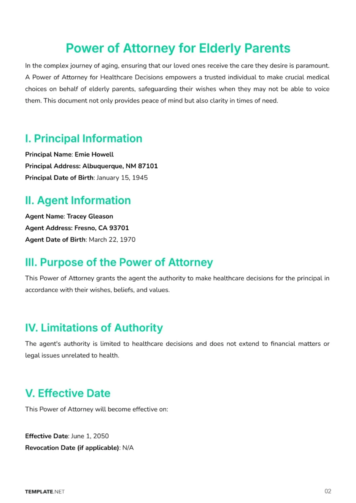 Free Power of Attorney for Elderly Parents Template to Edit Online