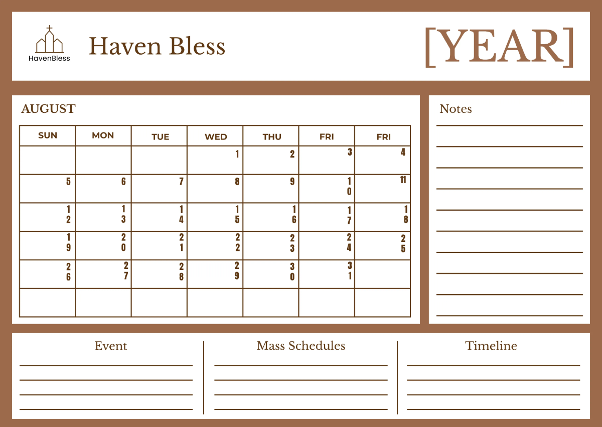 Free Church Calendar Template to Edit Online