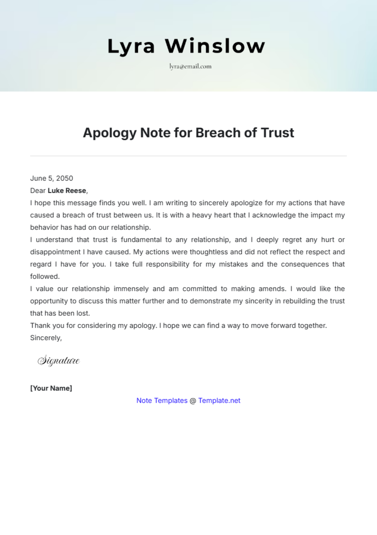 Apology Note for Breach of Trust Template - Edit Online & Download