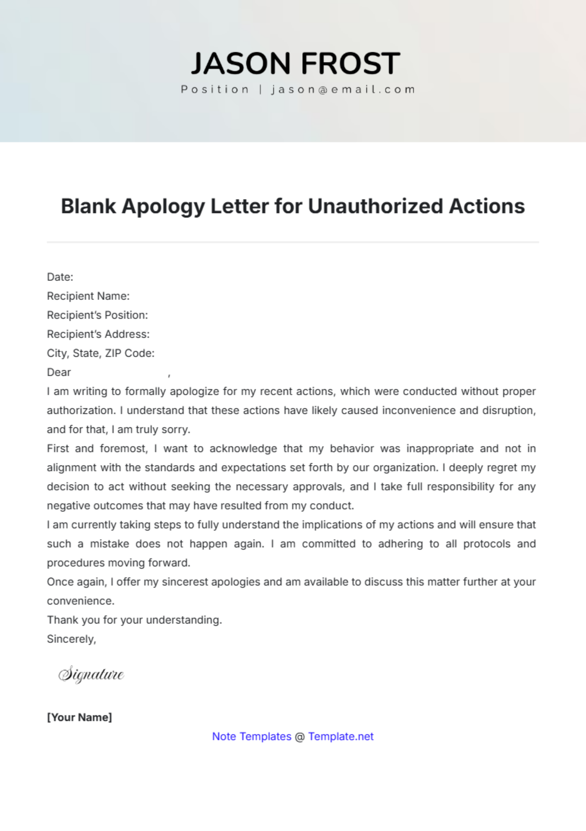 Blank Apology Letter for Unauthorized Actions Template - Edit Online & Download