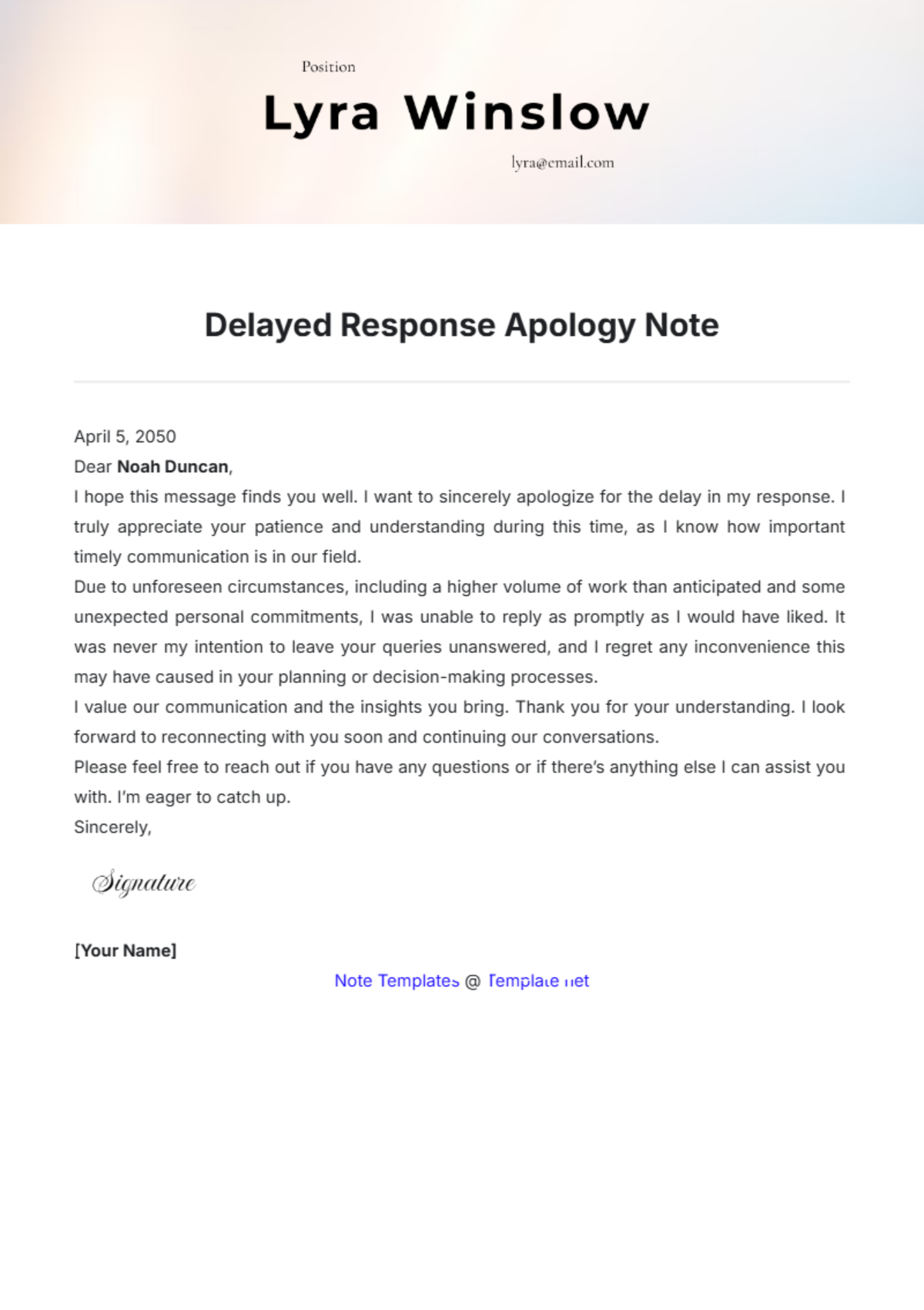 Delayed Response Apology Note Template - Edit Online & Download