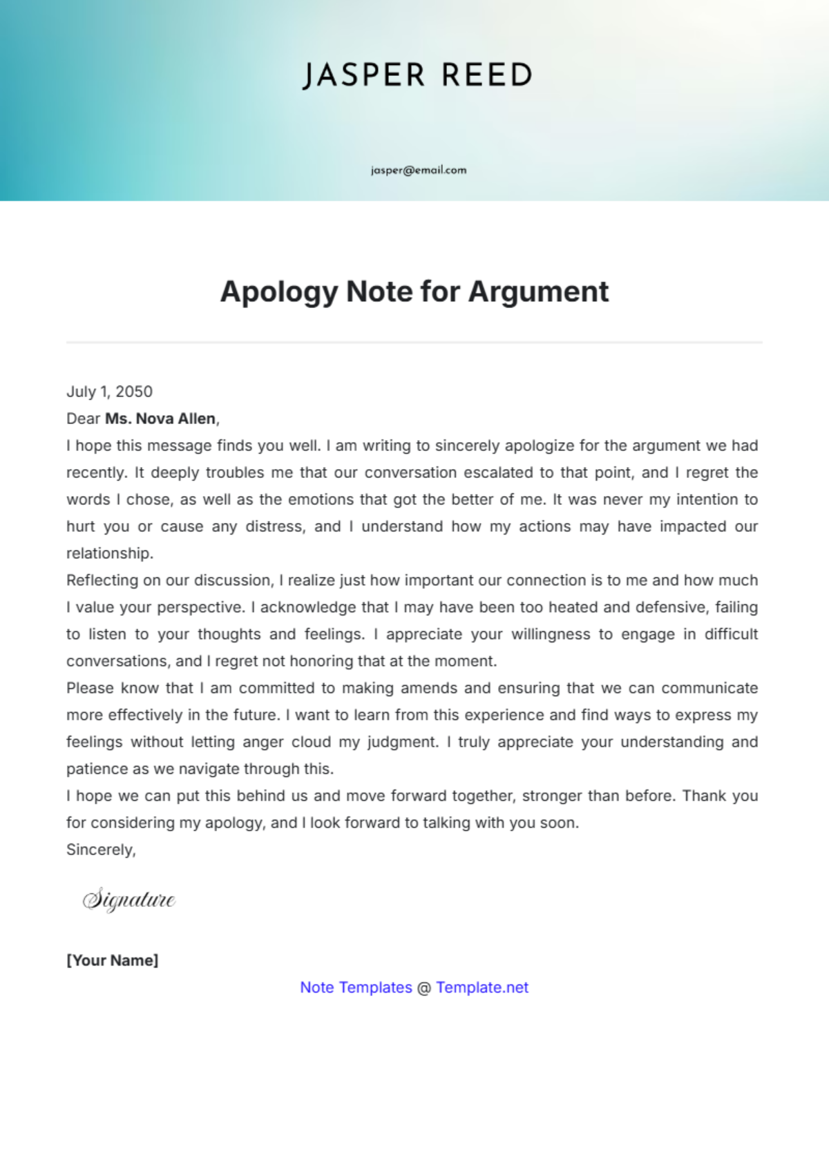 Apology Note for Argument Template - Edit Online & Download