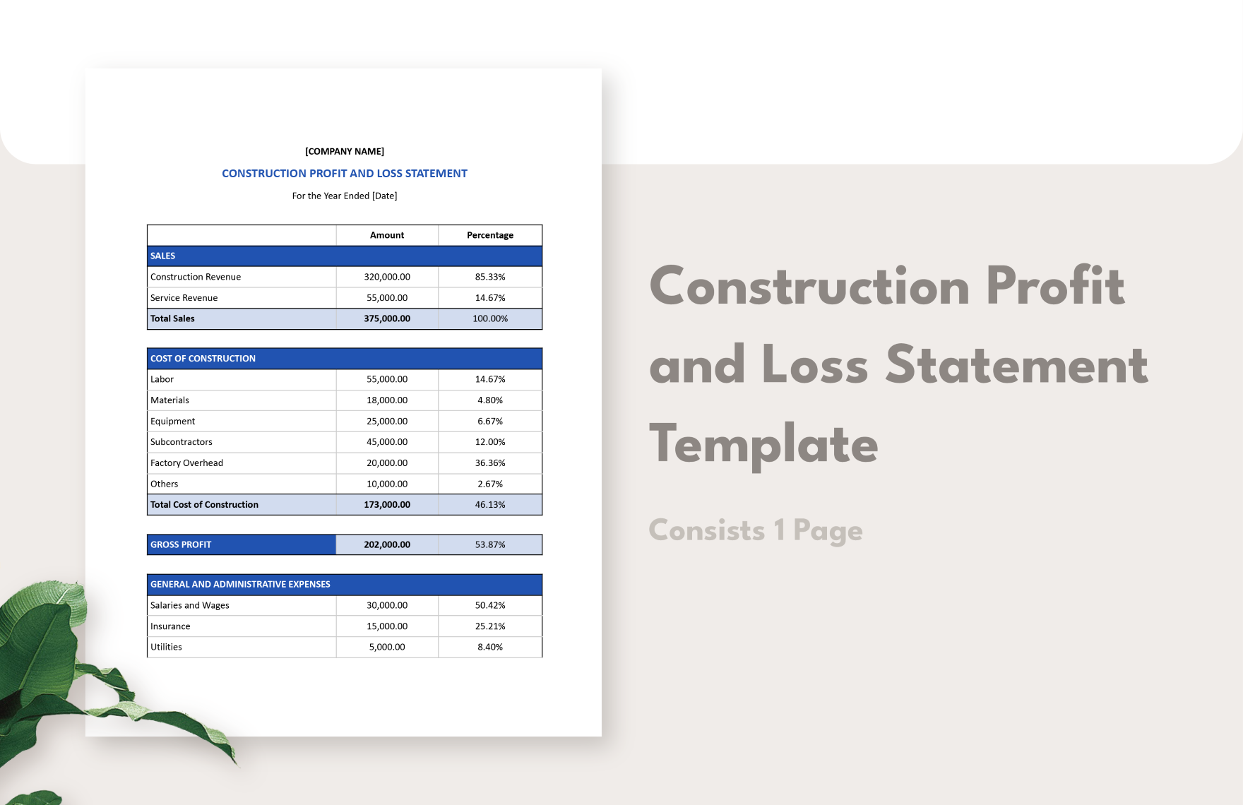 Construction Profit & Loss Statement Template