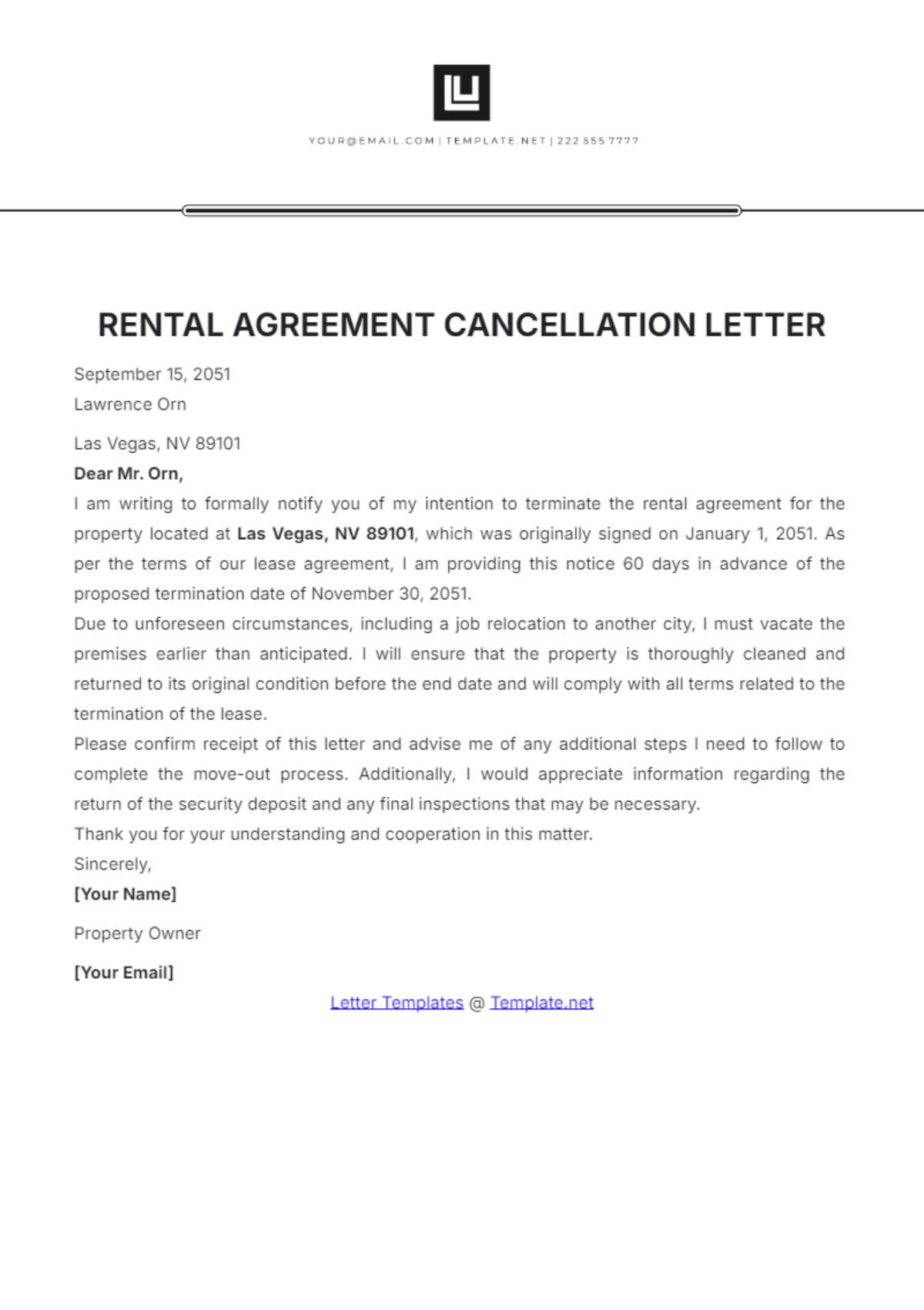 Rental Agreement Cancellation Letter Template - Edit Online & Download