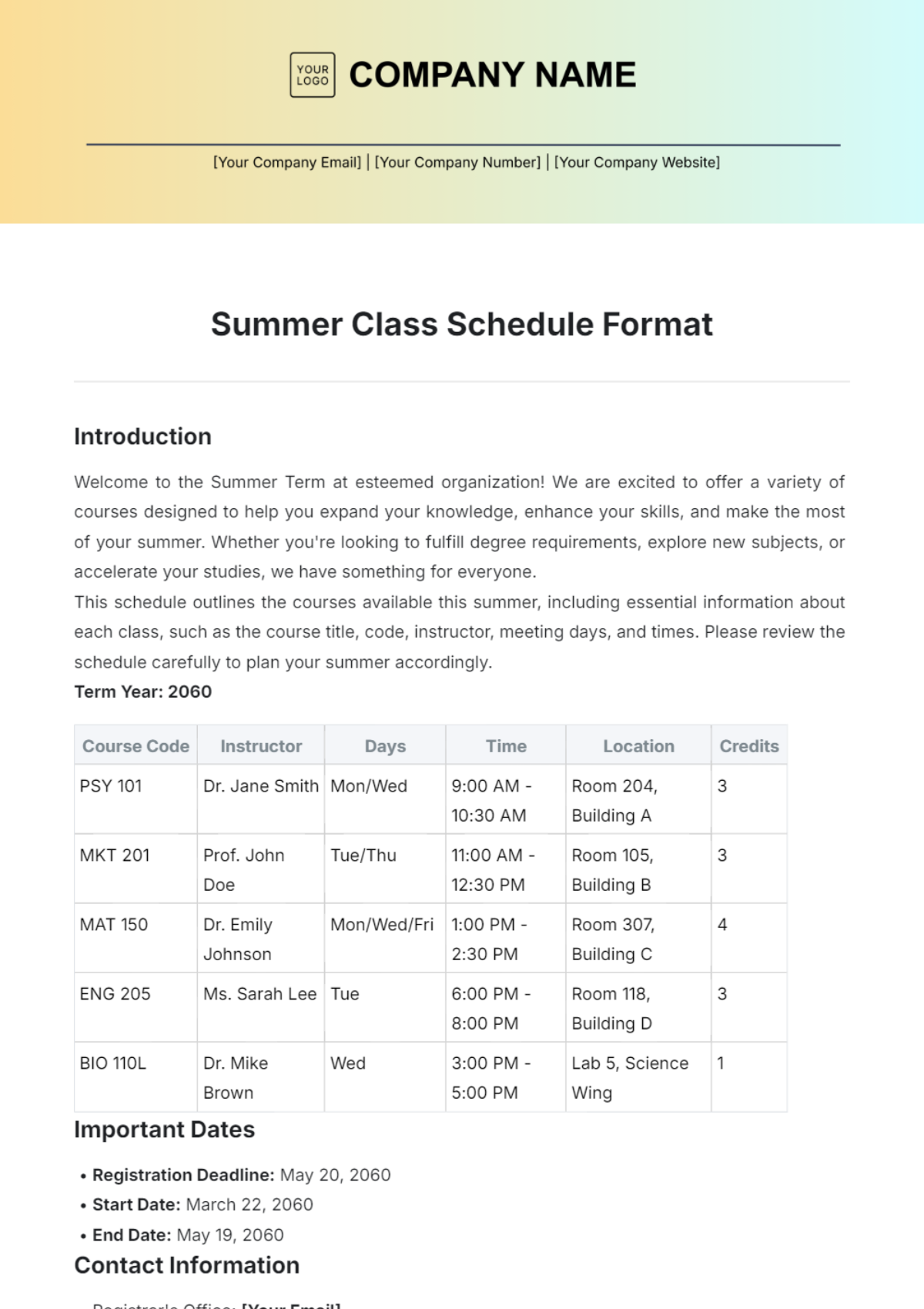 Summer Class Schedule Format Template - Edit Online & Download