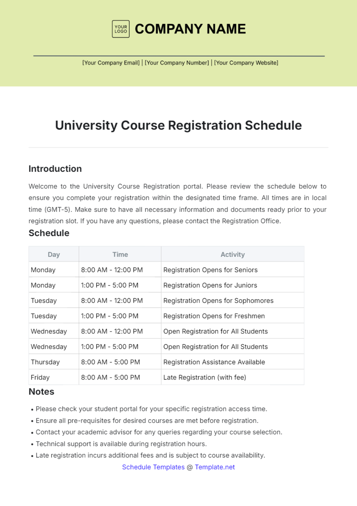 University Course Registration Schedule Template - Edit Online & Download