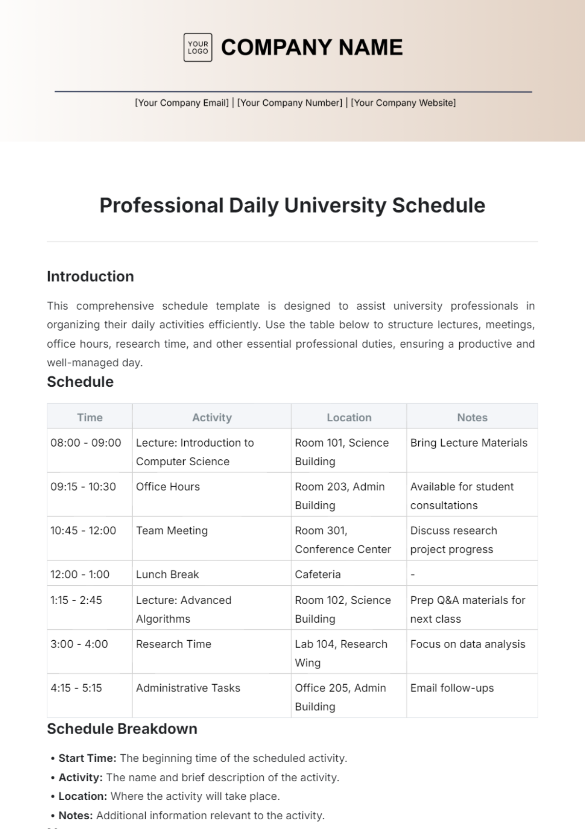 Professional Daily University Schedule Template - Edit Online & Download