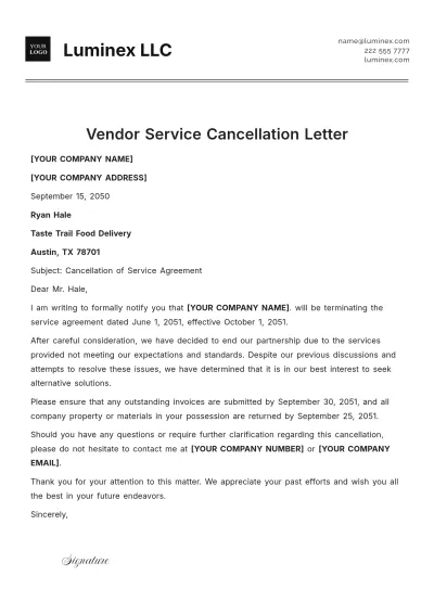 Free Vendor Service Cancellation Letter Template to Edit Online