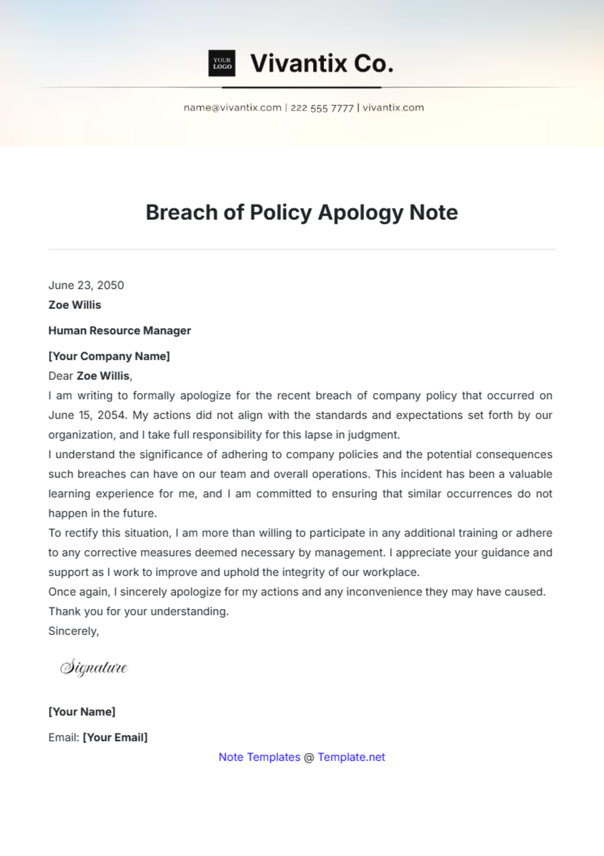 Breach of Policy Apology Note Template - Edit Online & Download