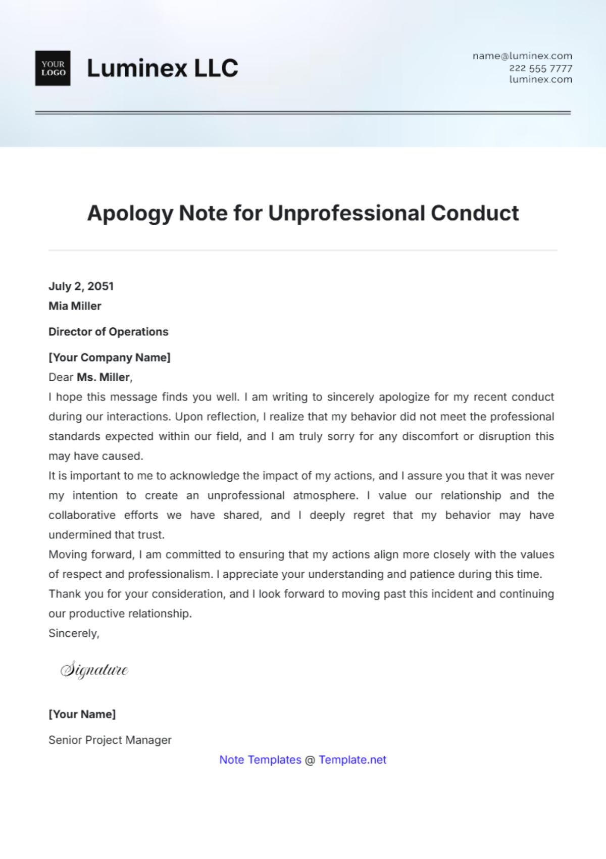 Apology Note for Unprofessional Conduct Template - Edit Online & Download