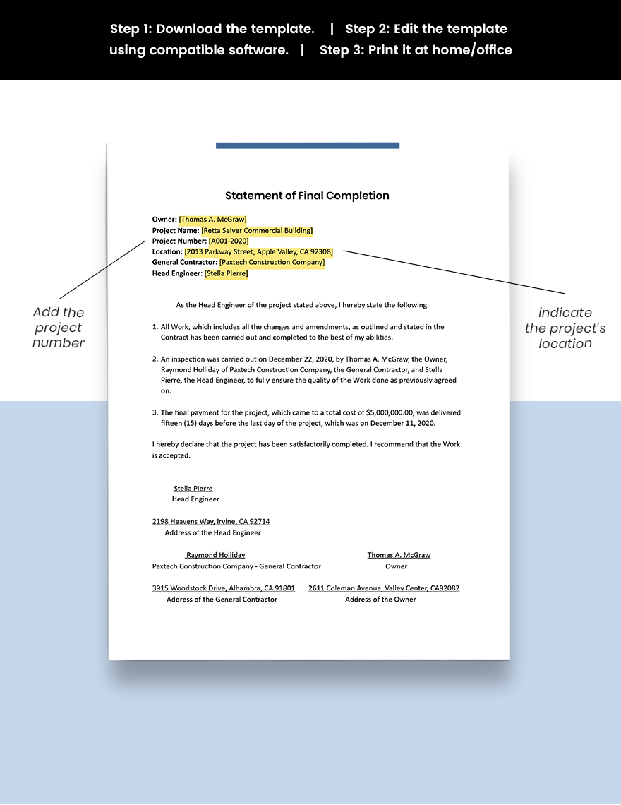 Construction Statement at Completion Template