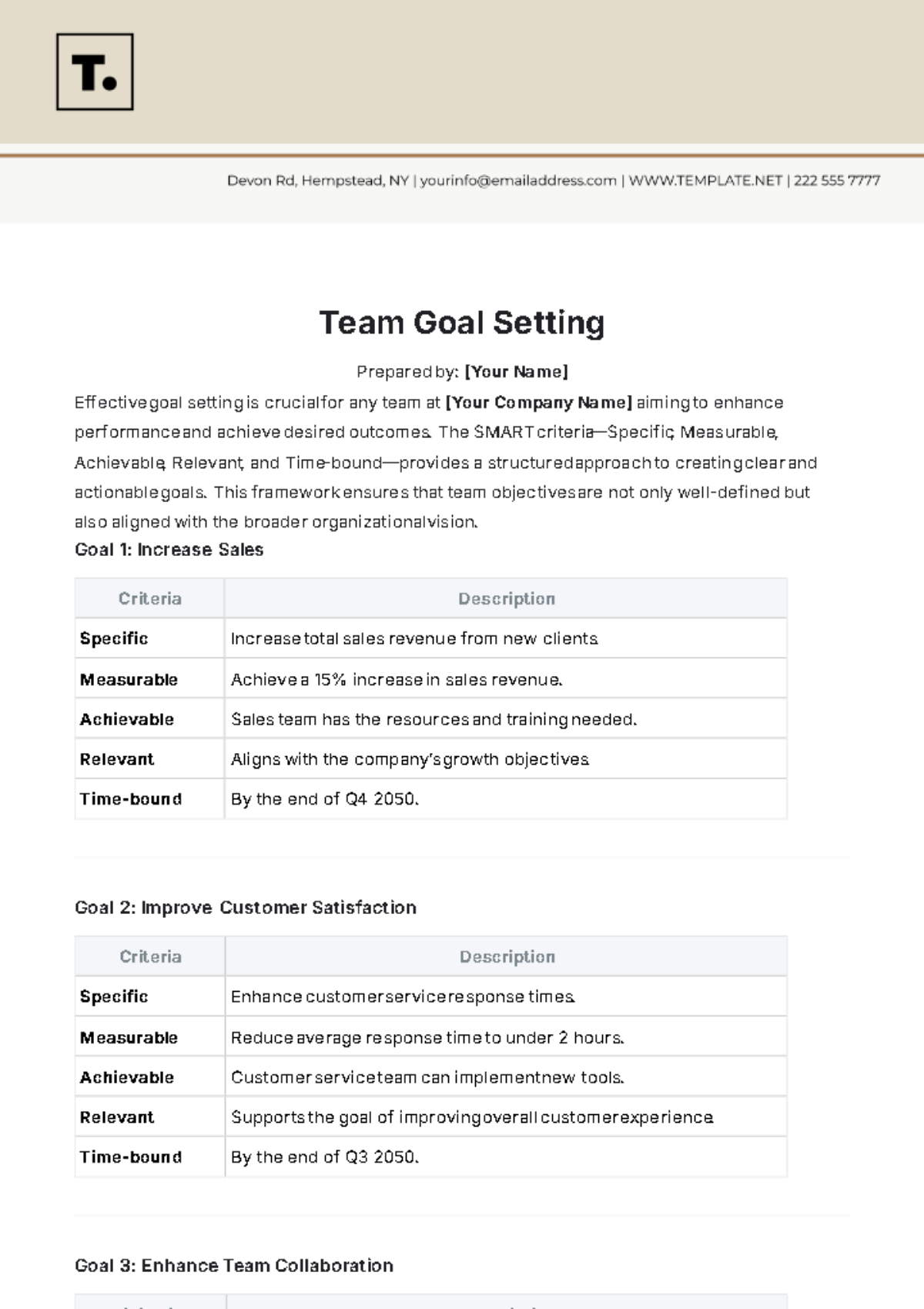 Team Goal Setting Template