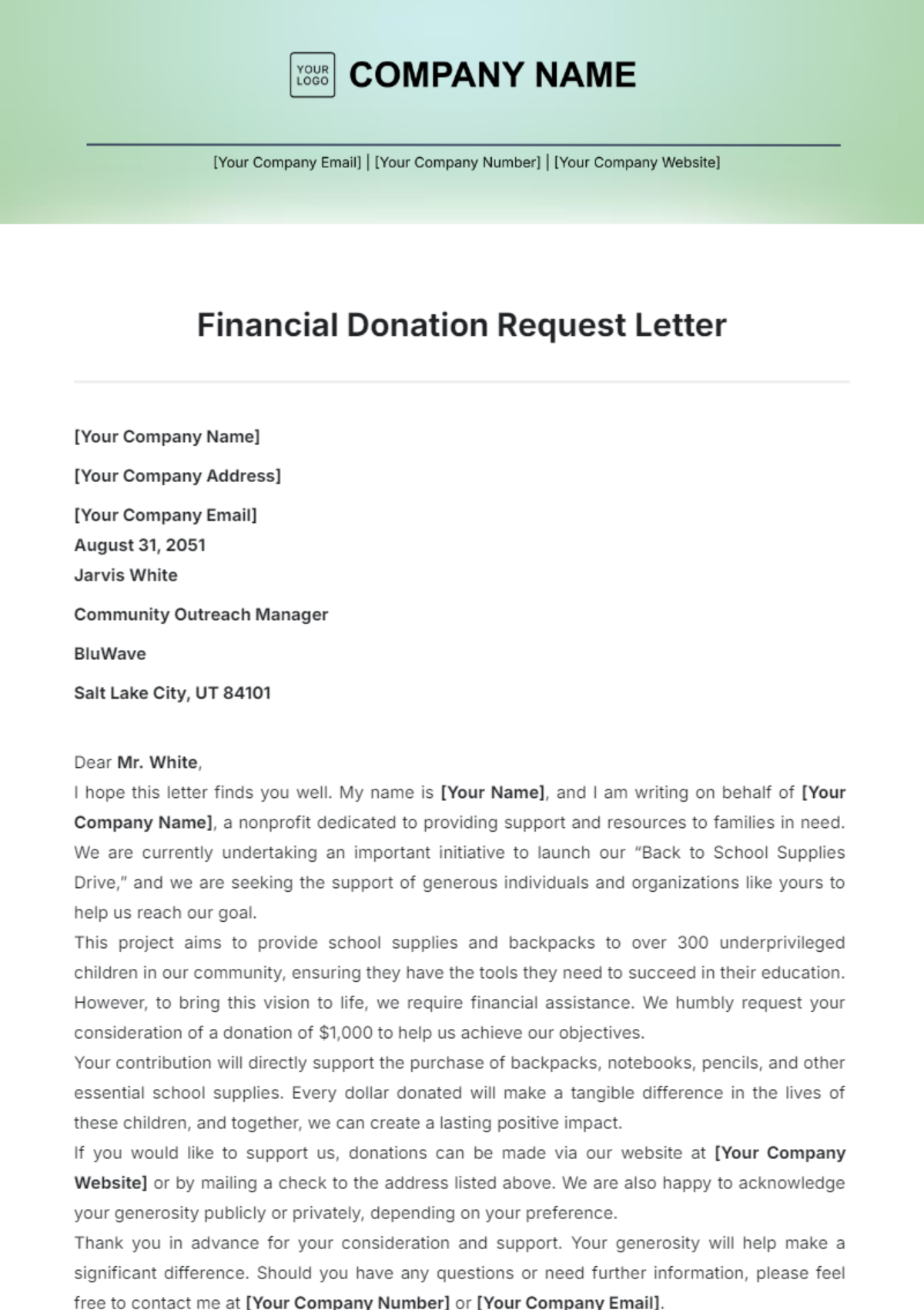 Financial Donation Request Letter Template