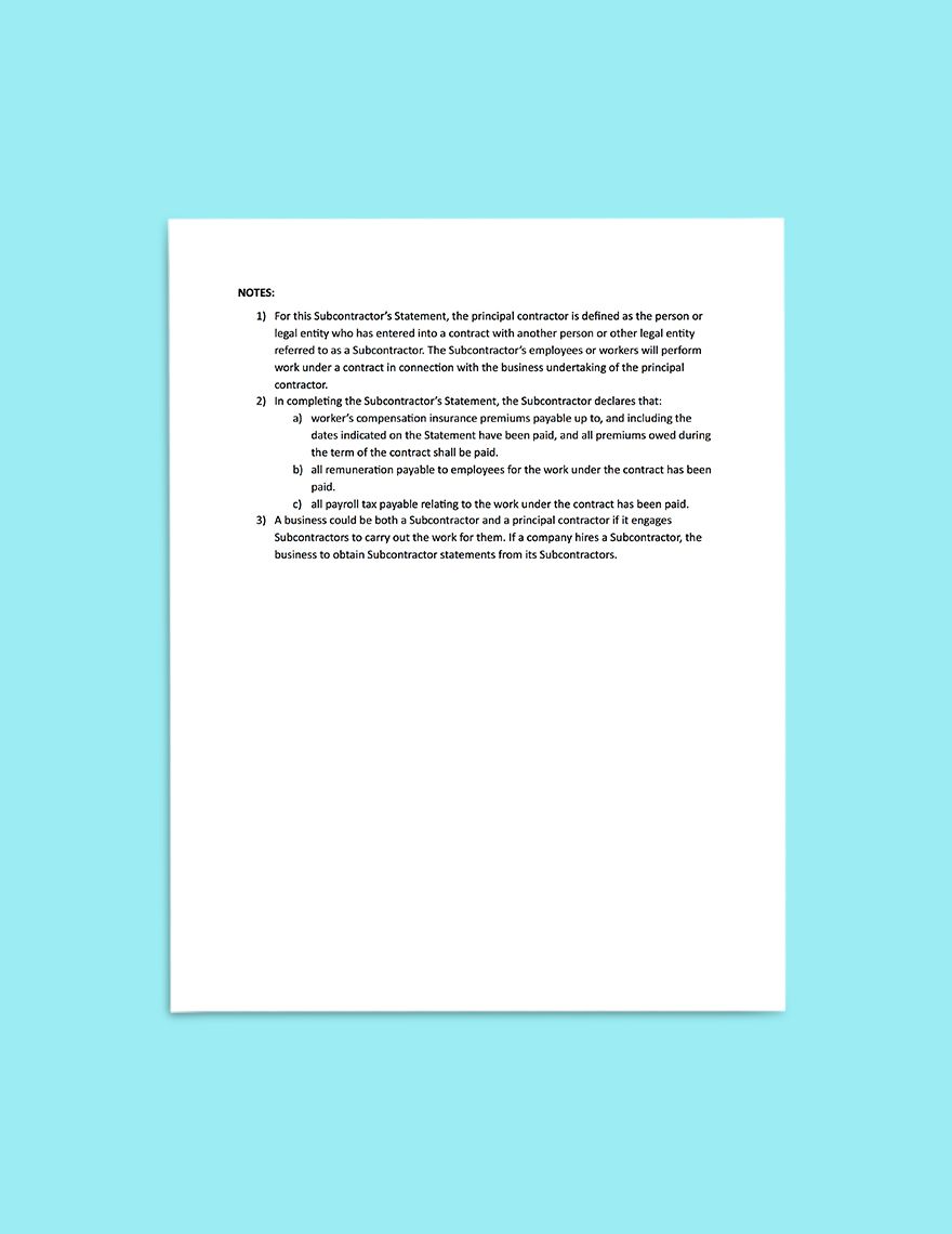 Independent Subcontractor Statement Template