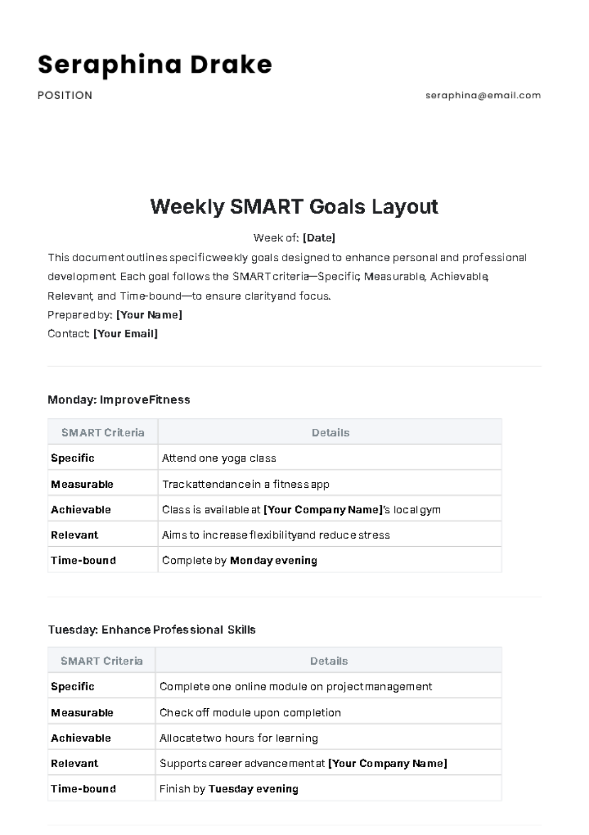 Weekly SMART Goals Layout Template - Edit Online & Download