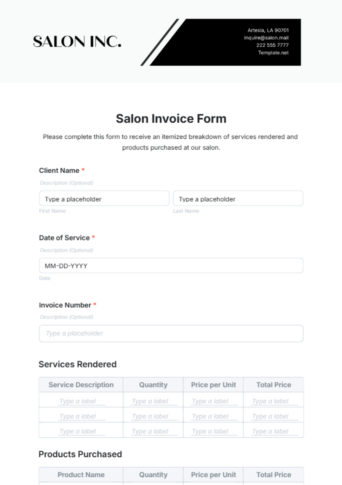 Salon Invoice Form Template - Edit Online & Download