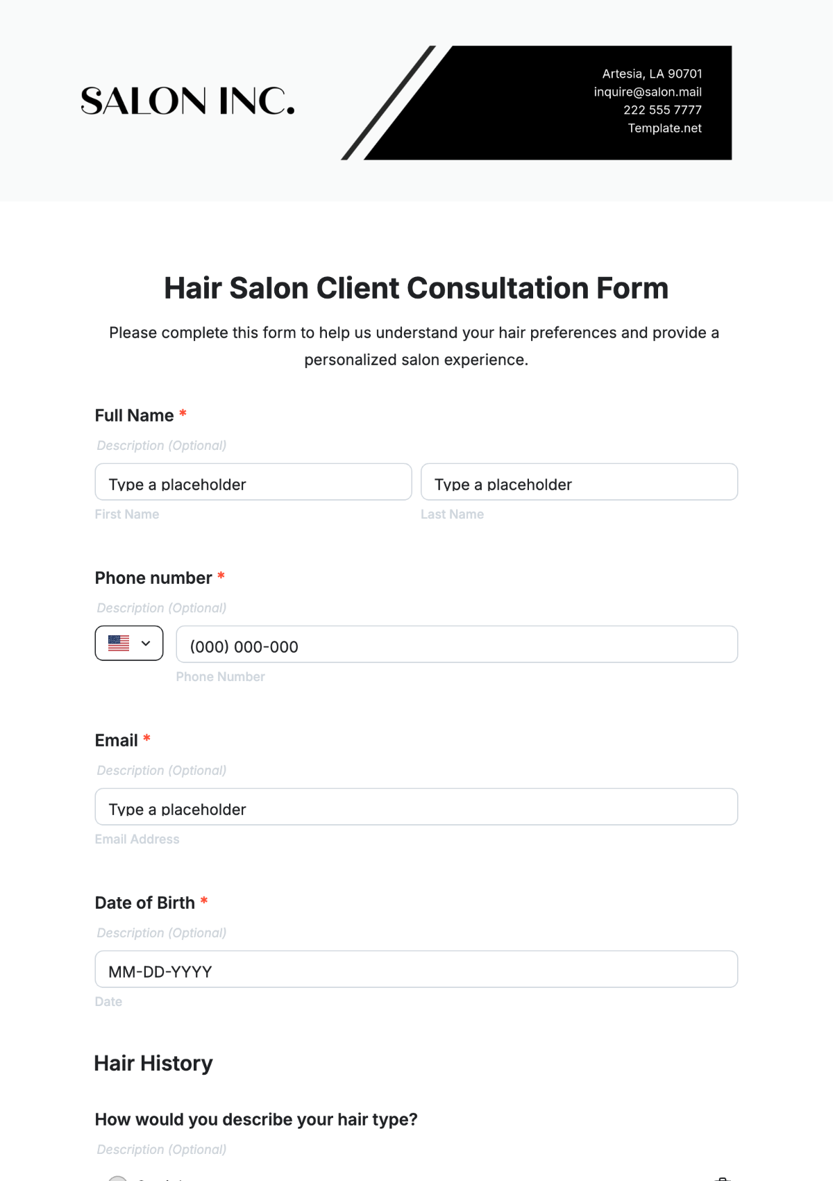 Hair Salon Client Consultation Form Template - Edit Online & Download