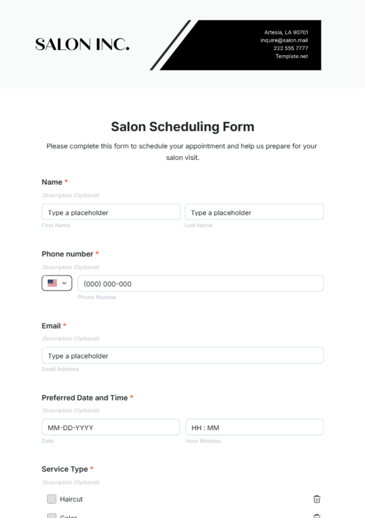 Salon Scheduling Form Template - Edit Online & Download