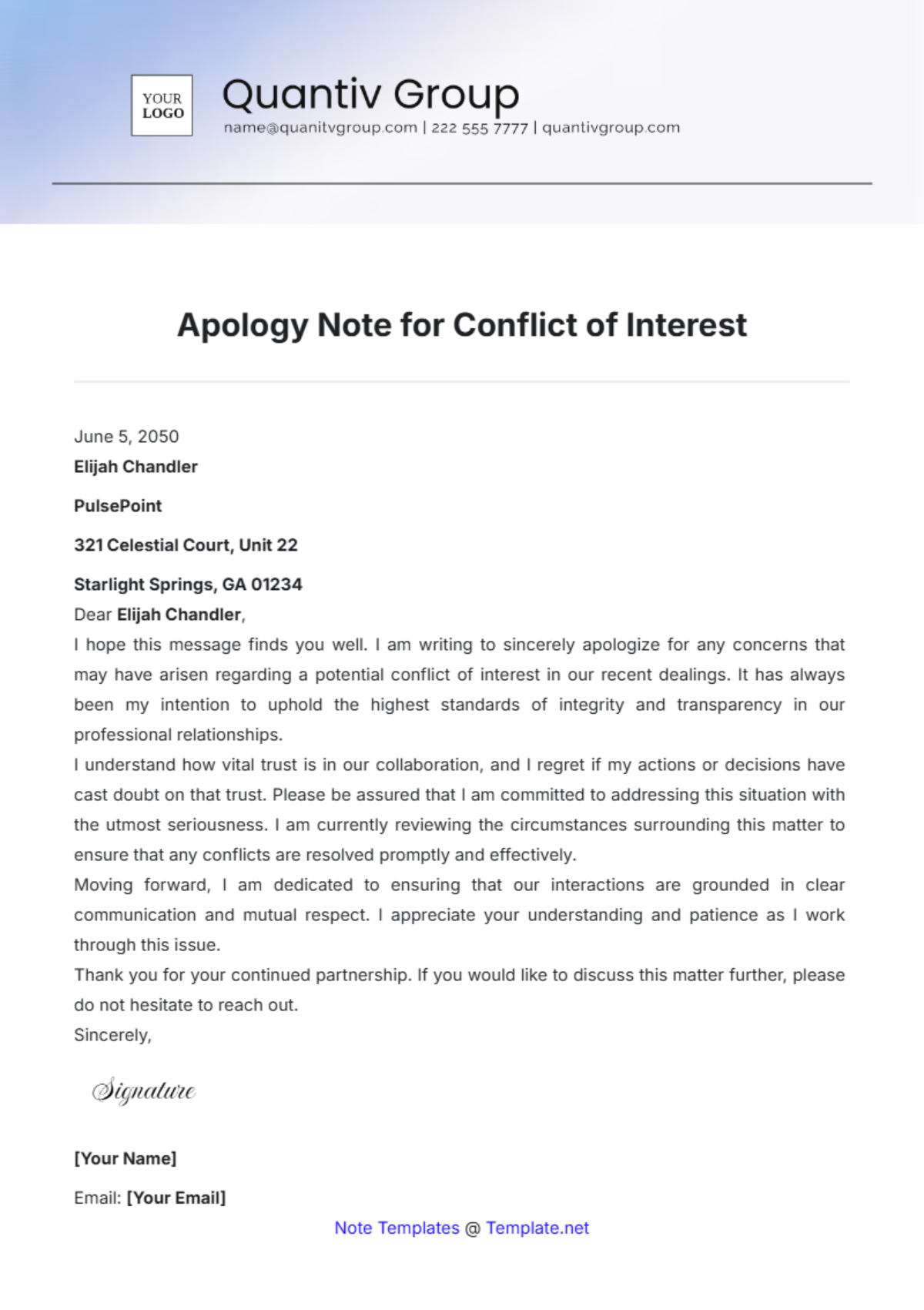 Apology Note for Conflict of Interest Template - Edit Online & Download