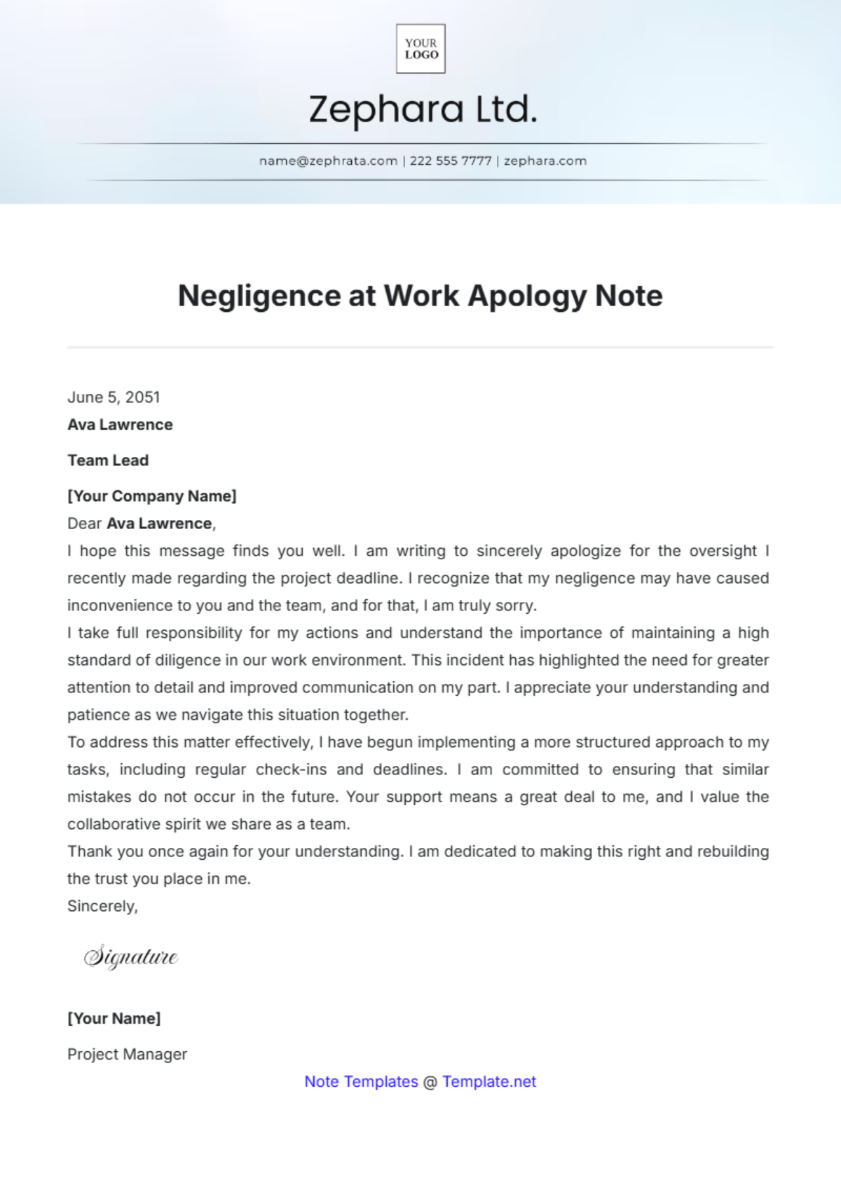 Negligence at Work Apology Note Template - Edit Online & Download